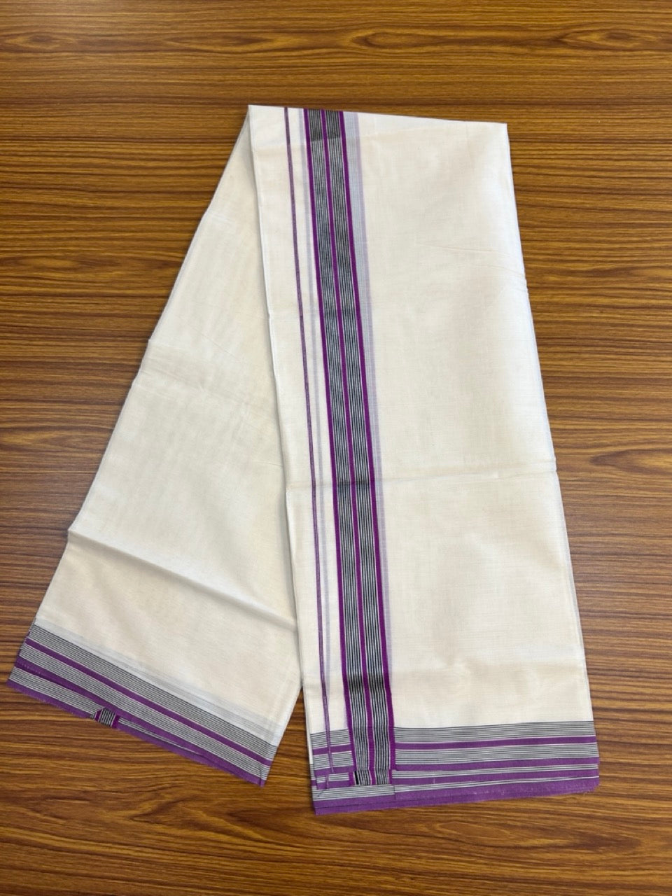 20% Discount! KaithariKada Balaramapuram 100% Cotton Double OFF WHITE (unbleached) Mundu/Dhoti- 100x80- 1.5 inch Silver Kasavu Violet & Black striped Kara 4 mtr (8.5 muzham) - 67 KK5251 PMC