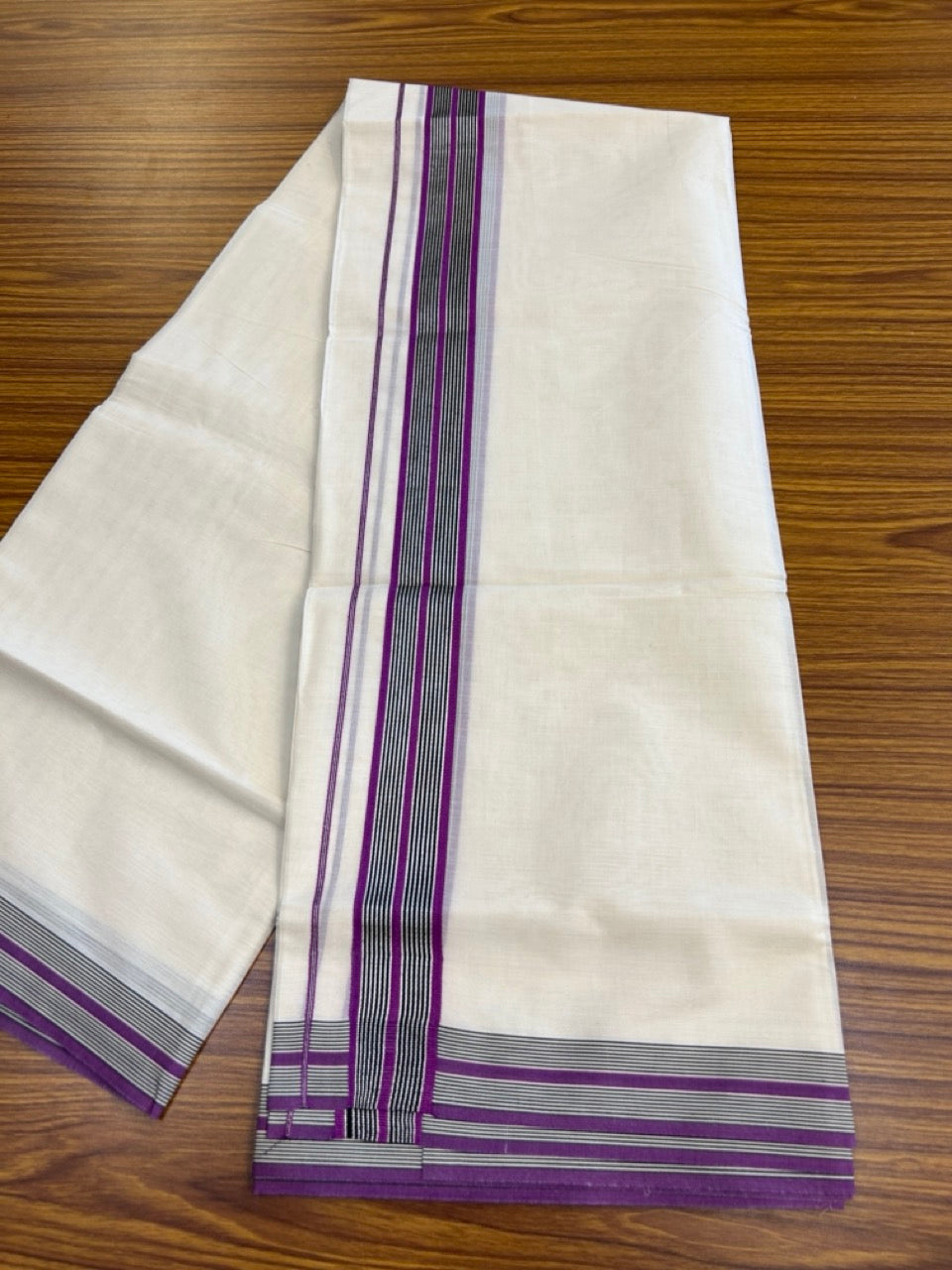 20% Discount! KaithariKada Balaramapuram 100% Cotton Double OFF WHITE (unbleached) Mundu/Dhoti- 100x80- 1.5 inch Silver Kasavu Violet & Black striped Kara 4 mtr (8.5 muzham) - 67 KK5251 PMC