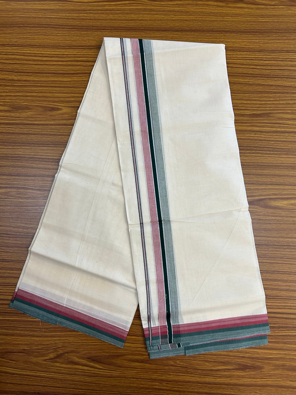 20% Discount! KaithariKada Balaramapuram 100% Cotton Double OFF WHITE (unbleached) Mundu/Dhoti- 100x80- 1.5 inch Silver Kasavu Green & Maroon Shaded striped Kara 4 mtr (8.5 muzham) - 64 KK5251 PMC