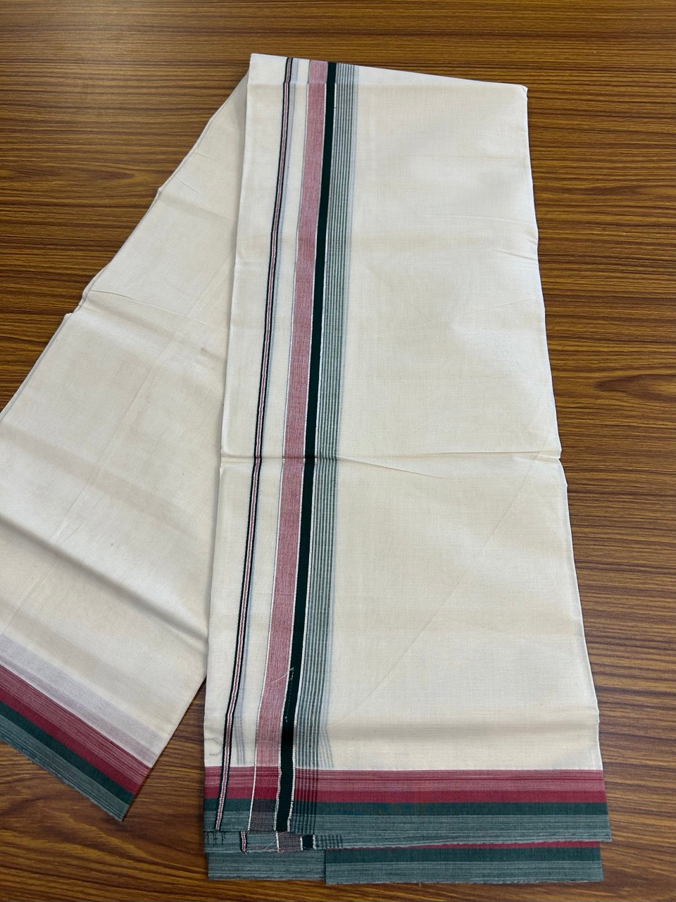 20% Discount! KaithariKada Balaramapuram 100% Cotton Double OFF WHITE (unbleached) Mundu/Dhoti- 100x80- 1.5 inch Silver Kasavu Green & Maroon Shaded striped Kara 4 mtr (8.5 muzham) - 64 KK5251 PMC