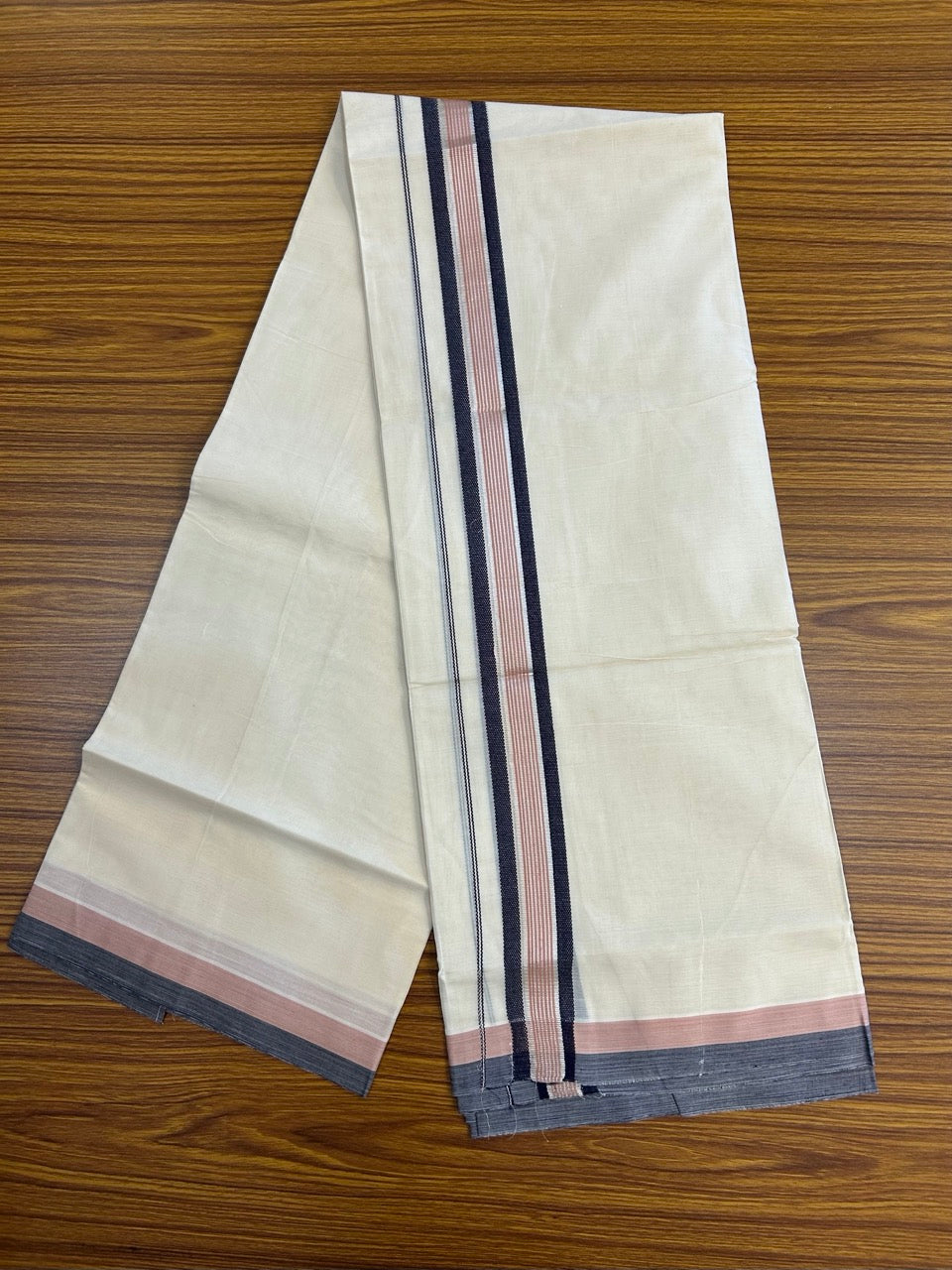 20% Discount! KaithariKada Balaramapuram 100% Cotton Double OFF WHITE (unbleached) Mundu/Dhoti- 100x80- 1.5 inch Silver Kasavu Navy Blue & Onion Pink striped Kara 4 mtr (8.5 muzham) - 72 KK5251 PMC
