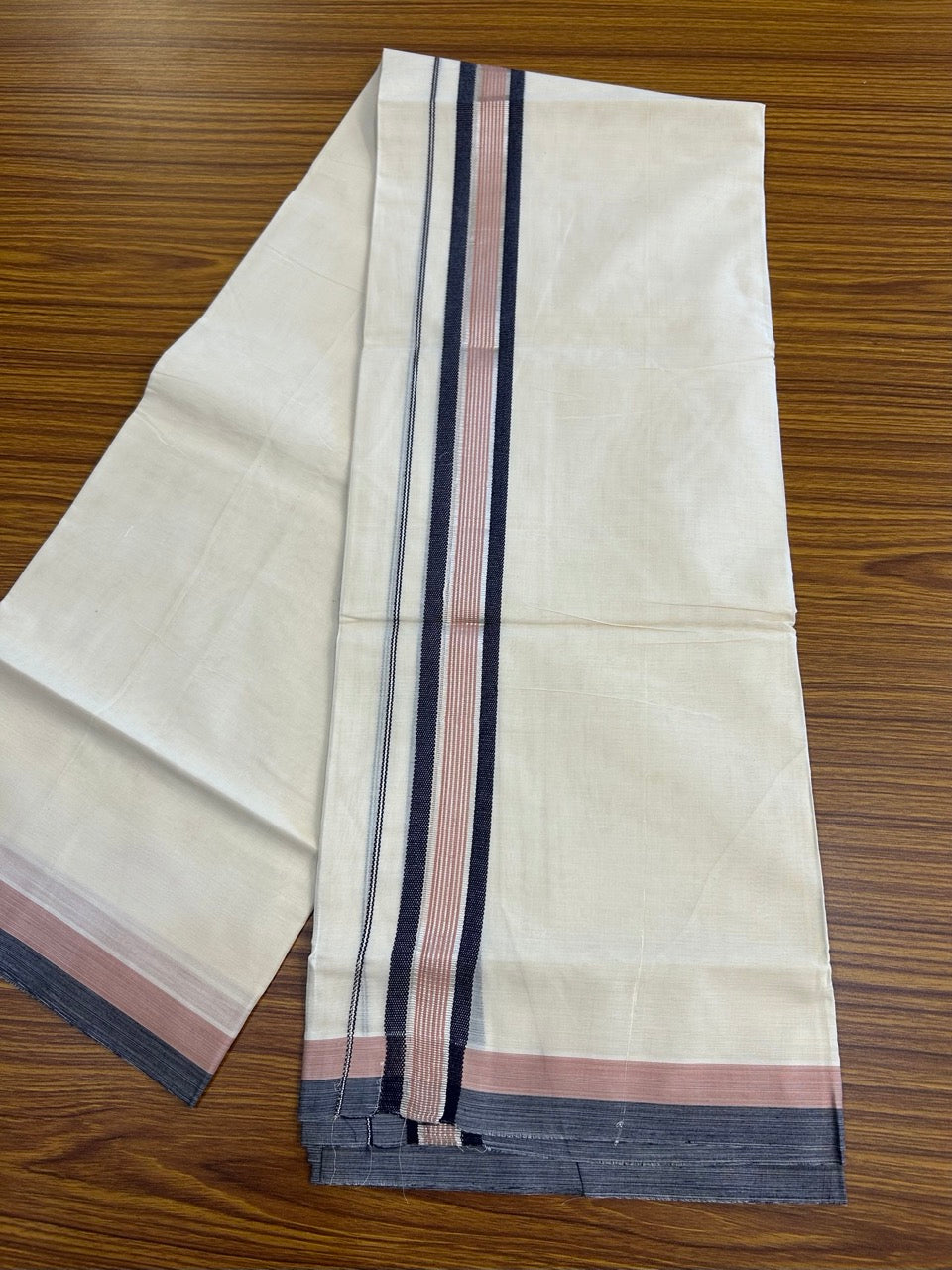 20% Discount! KaithariKada Balaramapuram 100% Cotton Double OFF WHITE (unbleached) Mundu/Dhoti- 100x80- 1.5 inch Silver Kasavu Navy Blue & Onion Pink striped Kara 4 mtr (8.5 muzham) - 72 KK5251 PMC