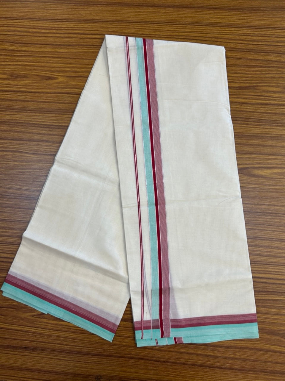 20% Discount! KaithariKada Balaramapuram 100% Cotton Double OFF WHITE (unbleached) Mundu/Dhoti- 100x80- 1.5 inch Silver Kasavu Maroon & Mint Green Shaded striped Kara 4 mtr (8.5 muzham) - 63 KK5251 PMC