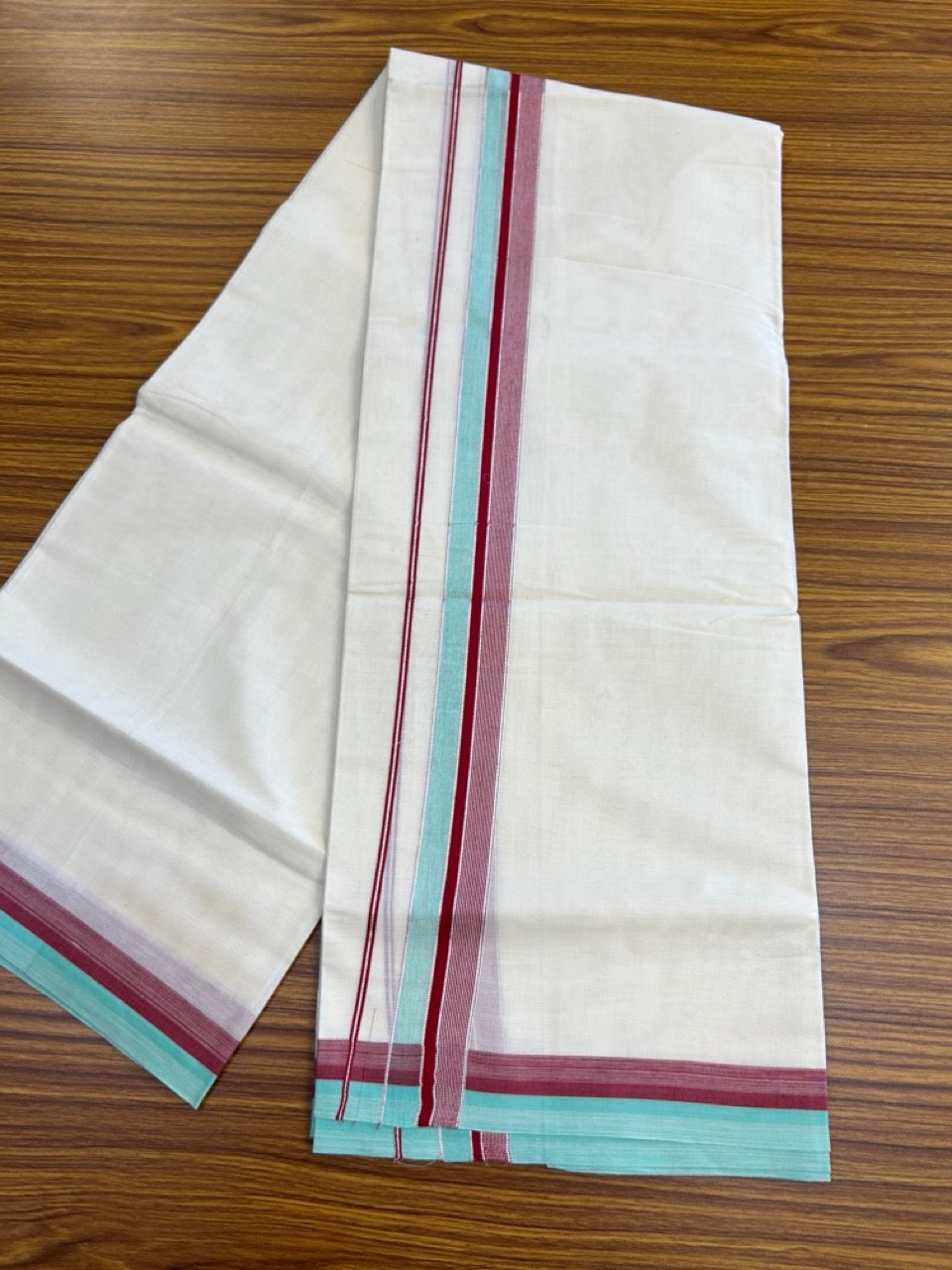 20% Discount! KaithariKada Balaramapuram 100% Cotton Double OFF WHITE (unbleached) Mundu/Dhoti- 100x80- 1.5 inch Silver Kasavu Maroon & Mint Green Shaded striped Kara 4 mtr (8.5 muzham) - 63 KK5251 PMC