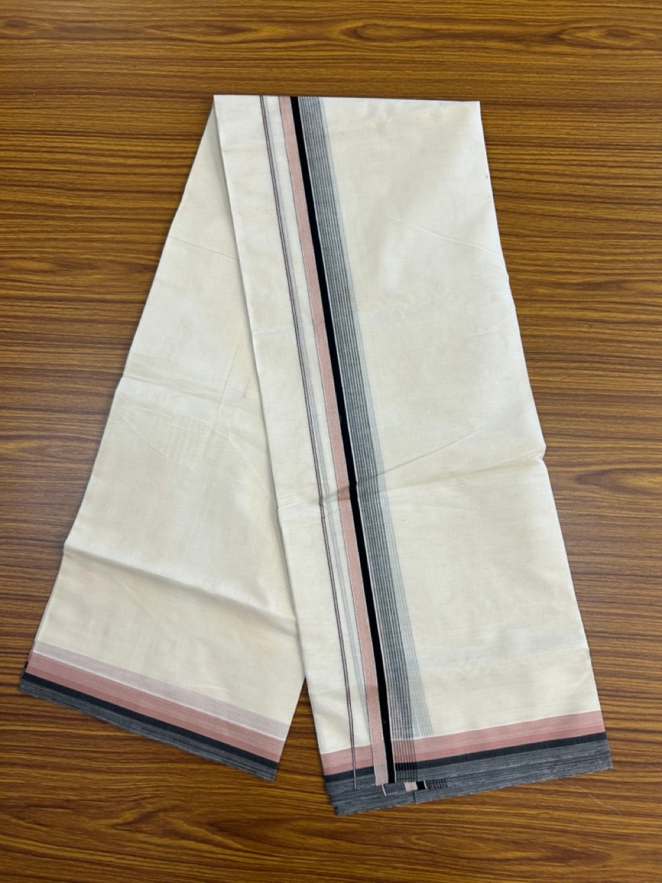 20% Discount! KaithariKada Balaramapuram 100% Cotton Double OFF WHITE (unbleached) Mundu/Dhoti- 100x80- 1.5 inch Silver Kasavu Dusty Rose & Black Shaded striped Kara 4 mtr (8.5 muzham) - 61 KK5251 PMC