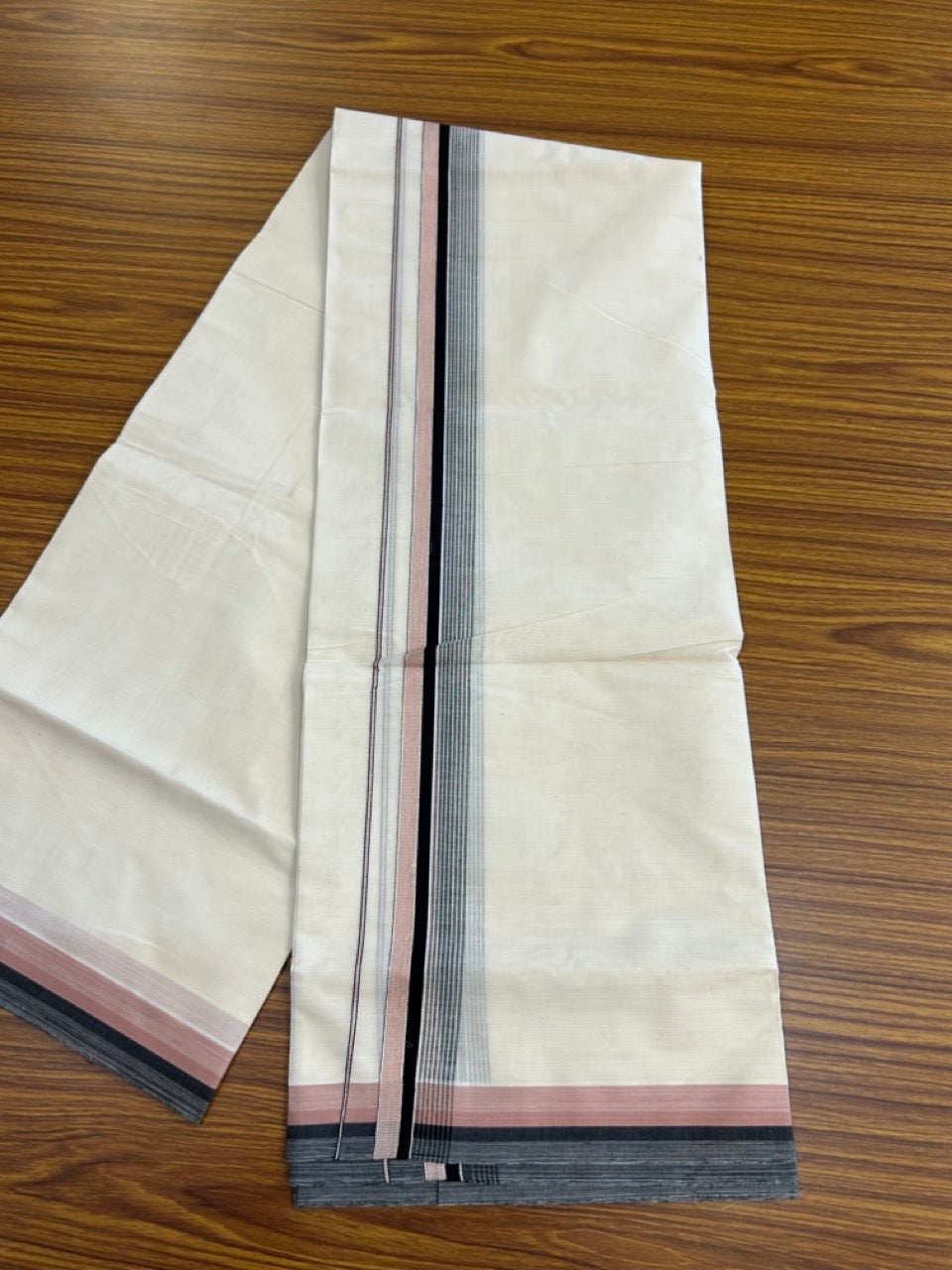 20% Discount! KaithariKada Balaramapuram 100% Cotton Double OFF WHITE (unbleached) Mundu/Dhoti- 100x80- 1.5 inch Silver Kasavu Dusty Rose & Black Shaded striped Kara 4 mtr (8.5 muzham) - 61 KK5251 PMC