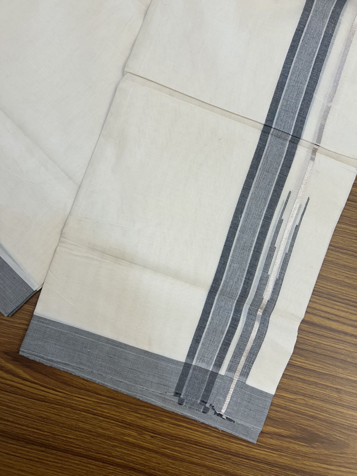 20% Discount ! Kaitharikada Balaramapuram 100% Pure Cotton Double Off white (Unbleached) Mundu/Dhoti - 100x80 - 1.25 inch Silver Kasav & Black Shaded Stripes Chutty Kara 3.90 mtr (8 muzham) - 32 KK5318 PMC