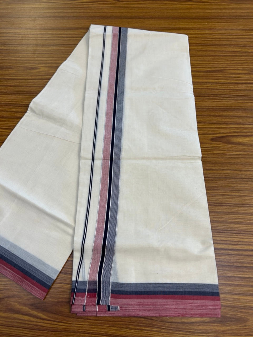 20% Discount! KaithariKada Balaramapuram 100% Cotton Double OFF WHITE (unbleached) Mundu/Dhoti- 100x80- 1.5 inch Silver Kasavu Navy Blue & Maroon Shaded striped Kara 4 mtr (8.5 muzham) - 59 KK5251 PMC