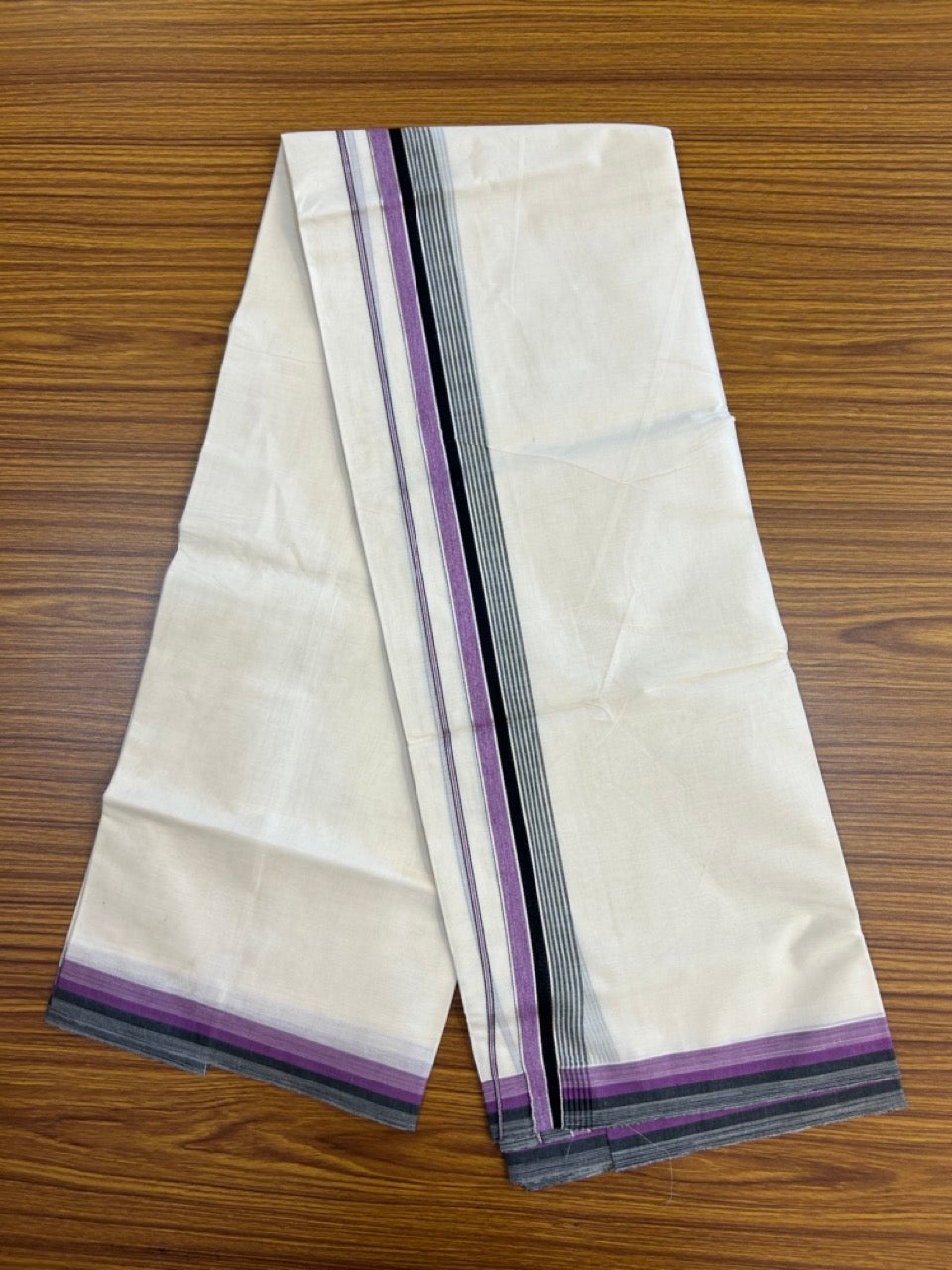 20% Discount! KaithariKada Balaramapuram 100% Cotton Double OFF WHITE (unbleached) Mundu/Dhoti- 100x80- 1.5 inch Silver Kasavu Black & Violet Shaded striped Kara 4 mtr (8.5 muzham) - 65 KK5251 PMC