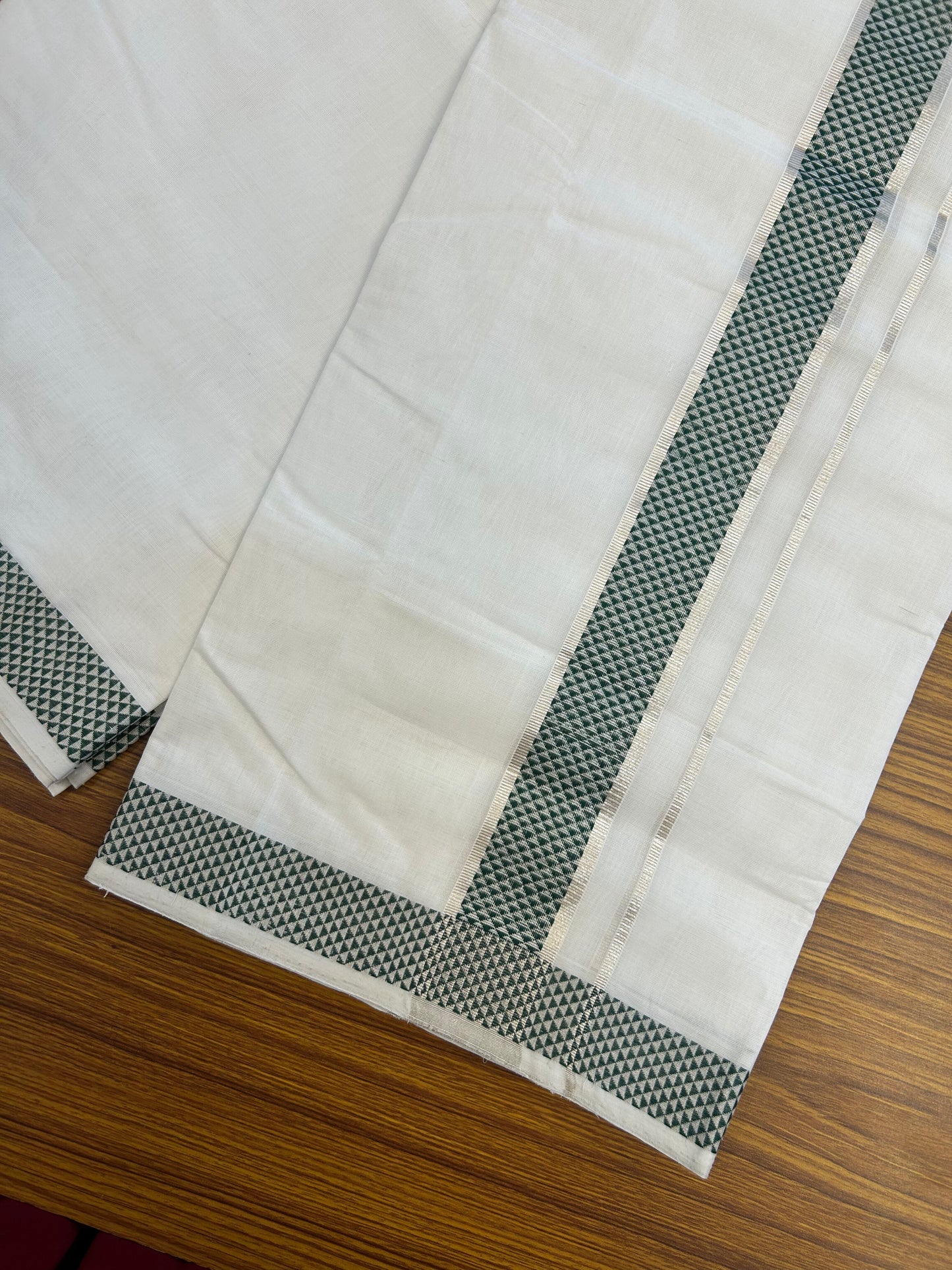 25% Disocunt! Pure White Kerala Handloom - 100% Mercerised Cotton Double - Mundu/Dhoti - 100x80 - 1.75 inch Silver Kasavu & Green Jaquard Design Kara - 4 mtr (8.5 muzham) - 3 KK5352 ABH