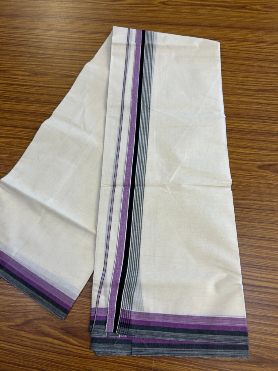 20% Discount! KaithariKada Balaramapuram 100% Cotton Double OFF WHITE (unbleached) Mundu/Dhoti- 100x80- 1.5 inch Silver Kasavu Black & Violet Shaded striped Kara 4 mtr (8.5 muzham) - 65 KK5251 PMC