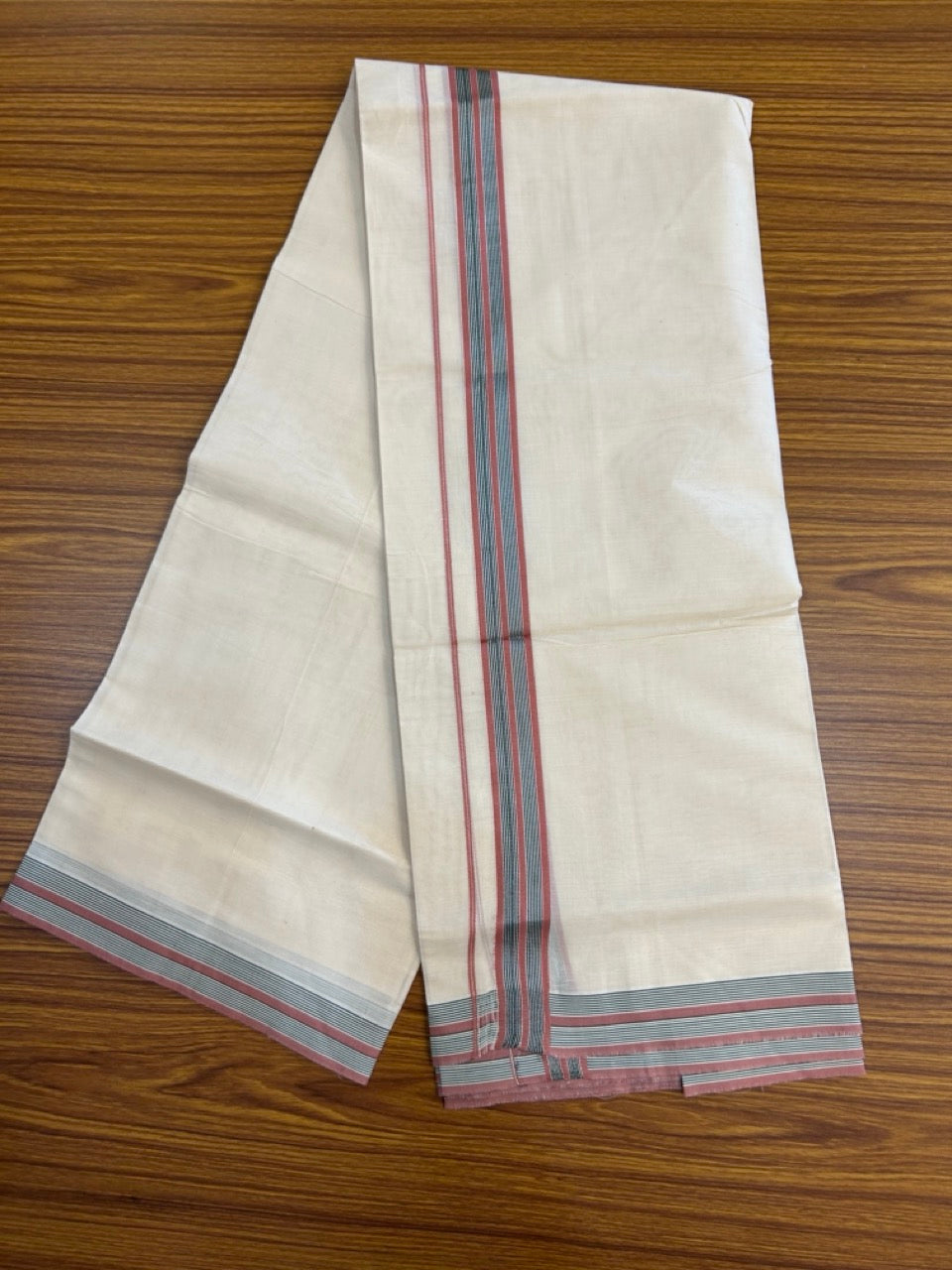 20% Discount! KaithariKada Balaramapuram 100% Cotton Double OFF WHITE (unbleached) Mundu/Dhoti- 100x80- 1.25 inch Silver Kasavu Dark Dusty rose & Dark Green striped Kara 4 mtr (8.5 muzham) - 69 KK5251 PMC