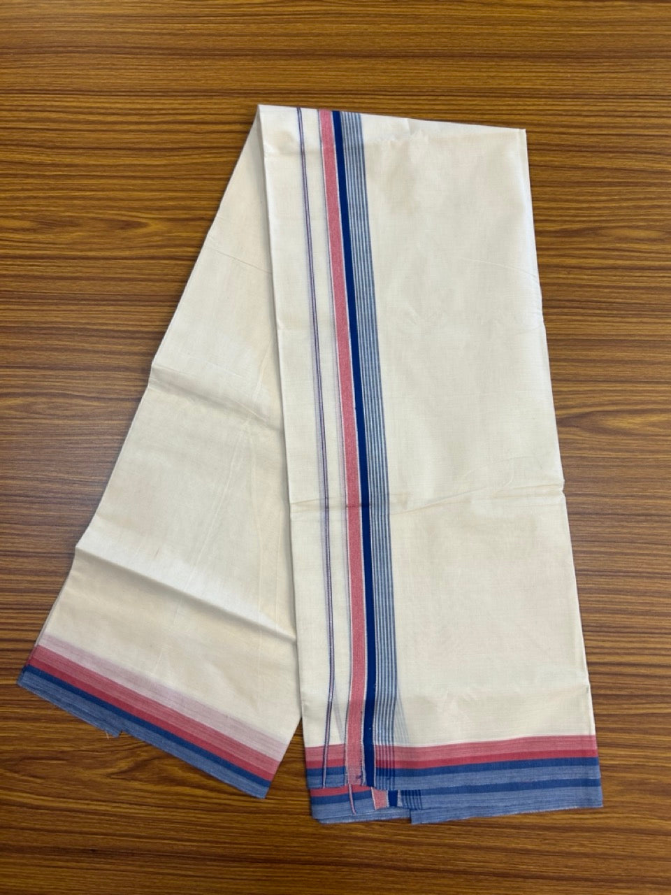 20% Discount! KaithariKada Balaramapuram 100% Cotton Double OFF WHITE (unbleached) Mundu/Dhoti- 100x80- 1.5 inch Silver Kasavu Blue & Red Shaded striped Kara 4 mtr (8.5 muzham) - 66 KK5251 PMC