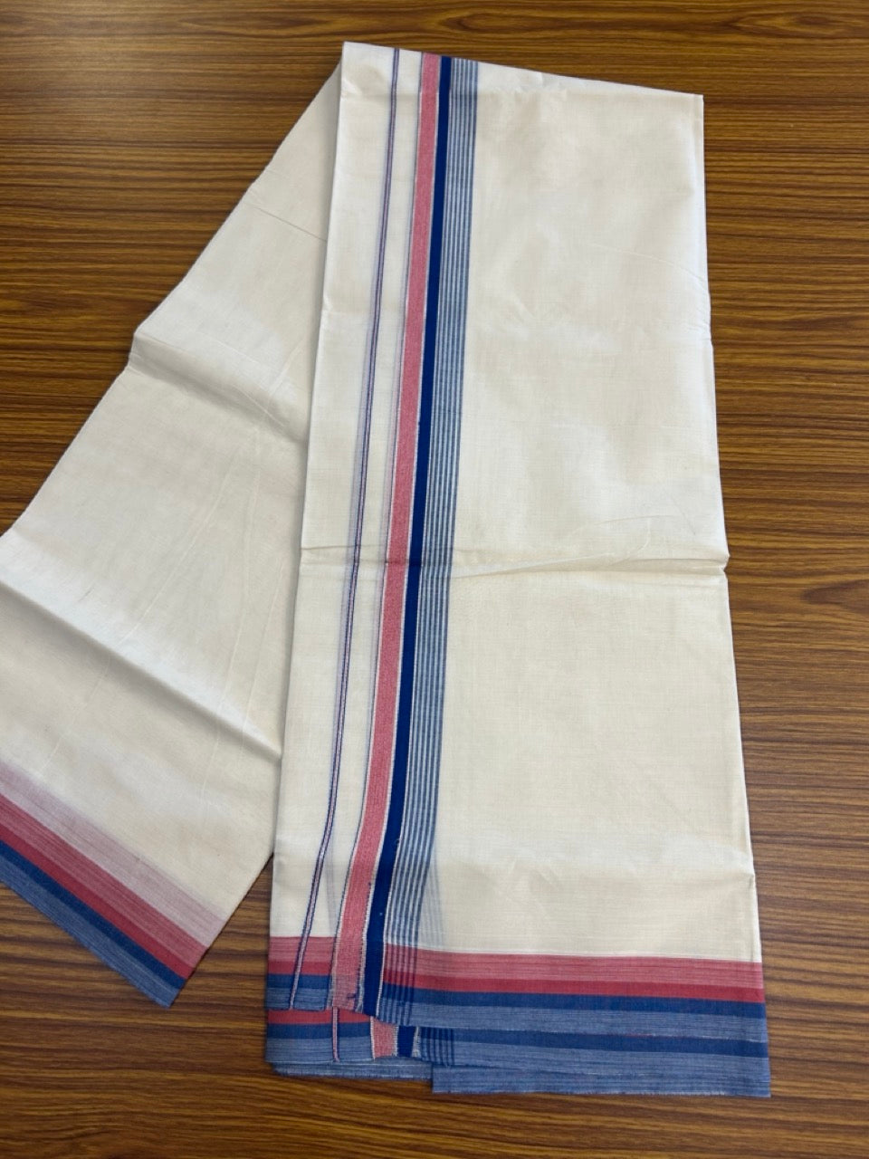 20% Discount! KaithariKada Balaramapuram 100% Cotton Double OFF WHITE (unbleached) Mundu/Dhoti- 100x80- 1.5 inch Silver Kasavu Blue & Red Shaded striped Kara 4 mtr (8.5 muzham) - 66 KK5251 PMC