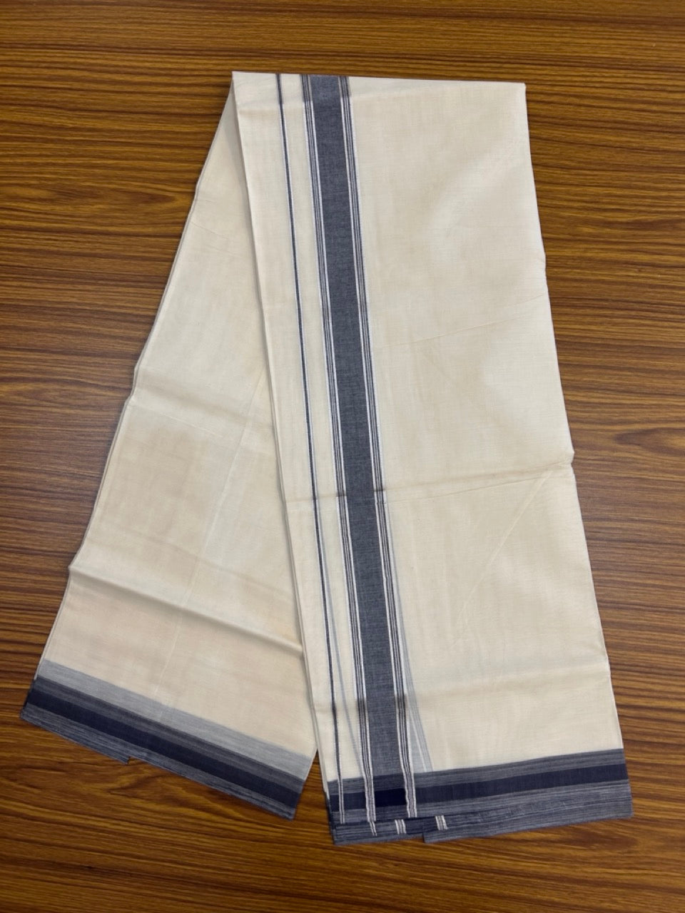 20% Discount! KaithariKada Balaramapuram 100% Cotton Double OFF WHITE (unbleached) Mundu/Dhoti- 100x80- 1.5 inch Silver Kasavu Navy Blue shaded striped Kara 4 mtr (8.5 muzham) - 74 KK5251 PMC