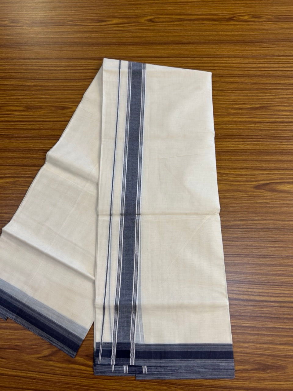 20% Discount! KaithariKada Balaramapuram 100% Cotton Double OFF WHITE (unbleached) Mundu/Dhoti- 100x80- 1.5 inch Silver Kasavu Navy Blue shaded striped Kara 4 mtr (8.5 muzham) - 74 KK5251 PMC