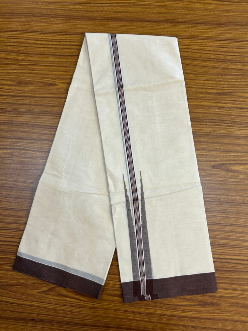 20% Discount ! KaithariKada Balaramapuram 100% Cotton Double OFF WHITE (unbleached) Mundu/Dhoti- 100x90- 1.75 inch Puliyilakkara Silver Kasavu & Brown Striped Chutty Kara 4 mtr (8.5 muzham) - 55 KK5251 PMC