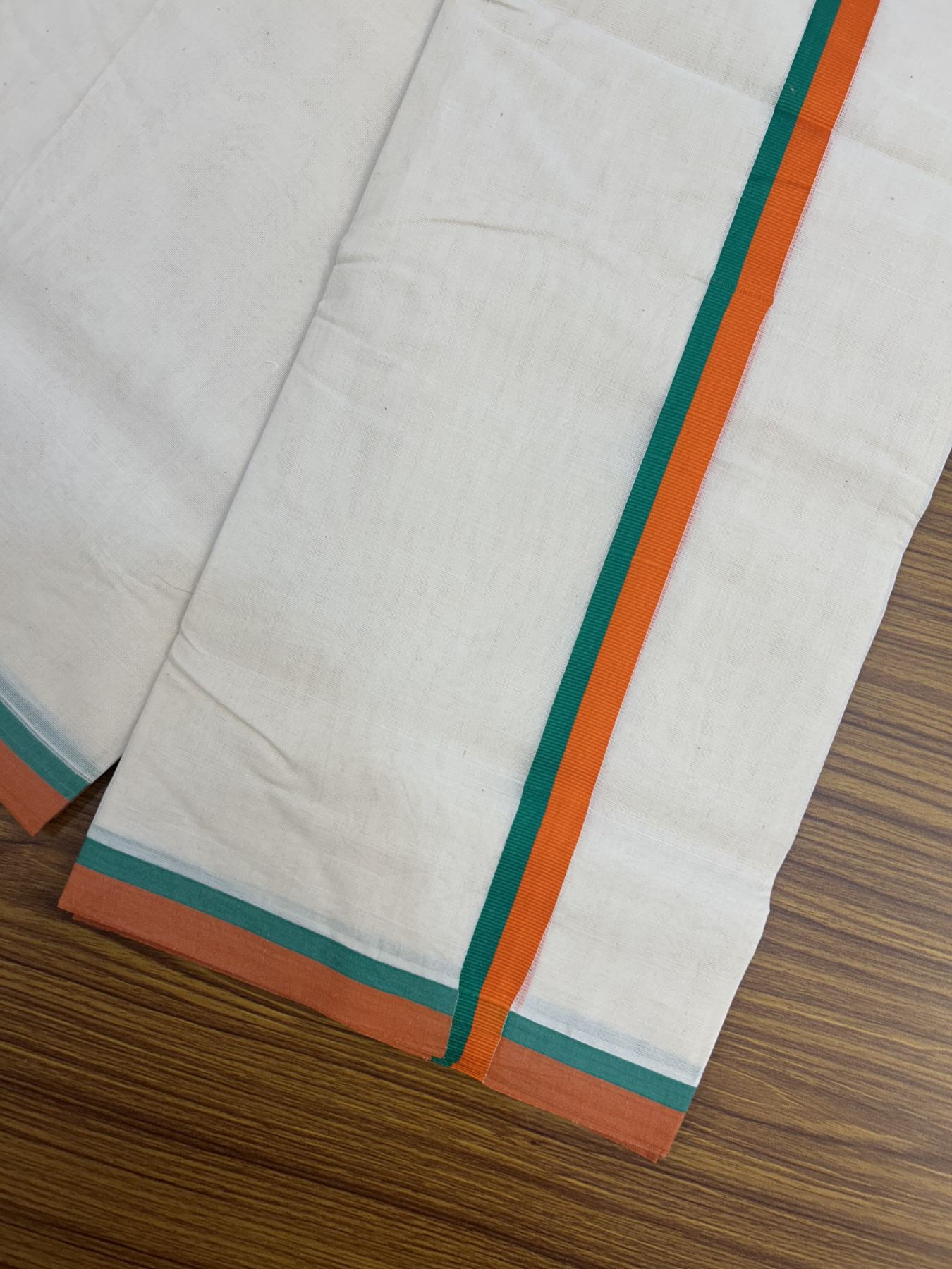 Bjp Veshti - 20% Discount! KaithariKada 100% Cotton Off White Double - (Unbleached) Mundu/Dhoti - 100X80 - 0.5 inch Orange & Green Kara 3.75 m (8 muzham)- 38 KK5318 ASH