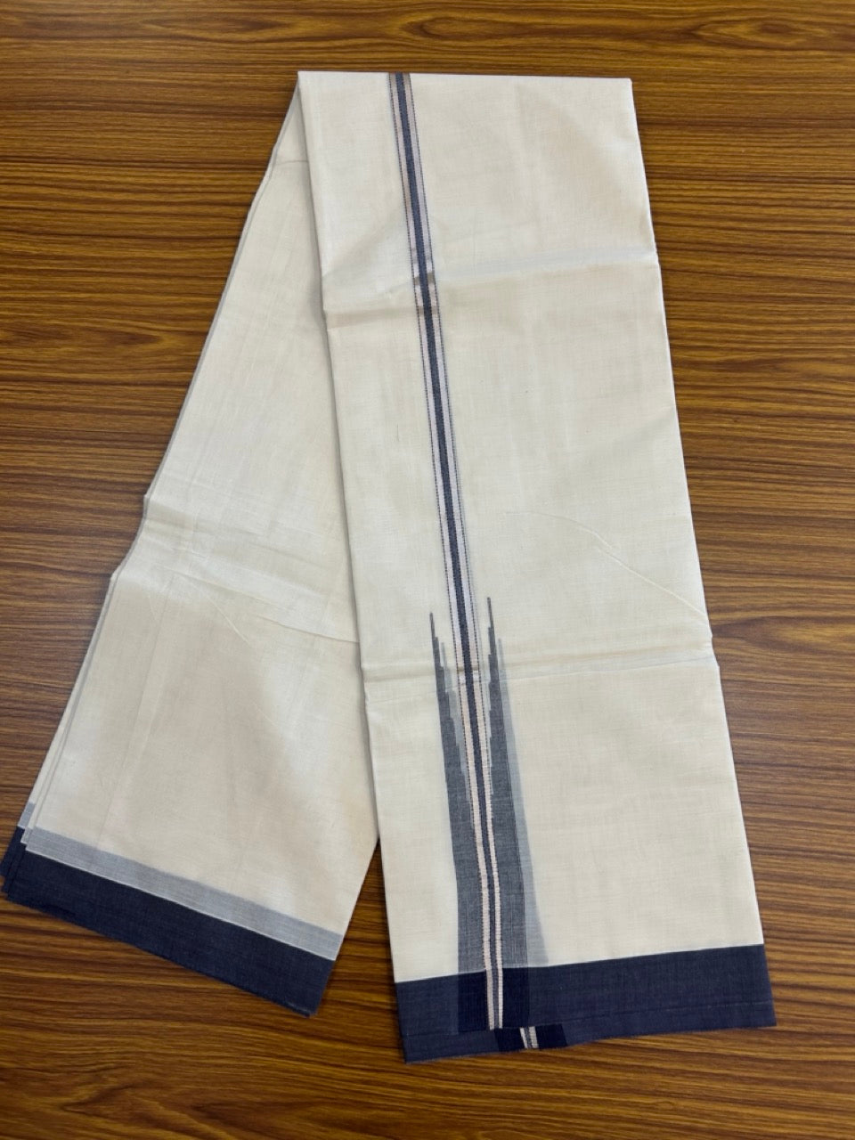 20% Discount ! KaithariKada Balaramapuram 100% Cotton Double OFF WHITE (unbleached) Mundu/Dhoti- 100x90- 1.75 inch Puliyilakkara Silver Kasavu & Navy Blue Striped Chutty Kara 4 mtr (8.5 muzham) - 56 KK5251 PMC
