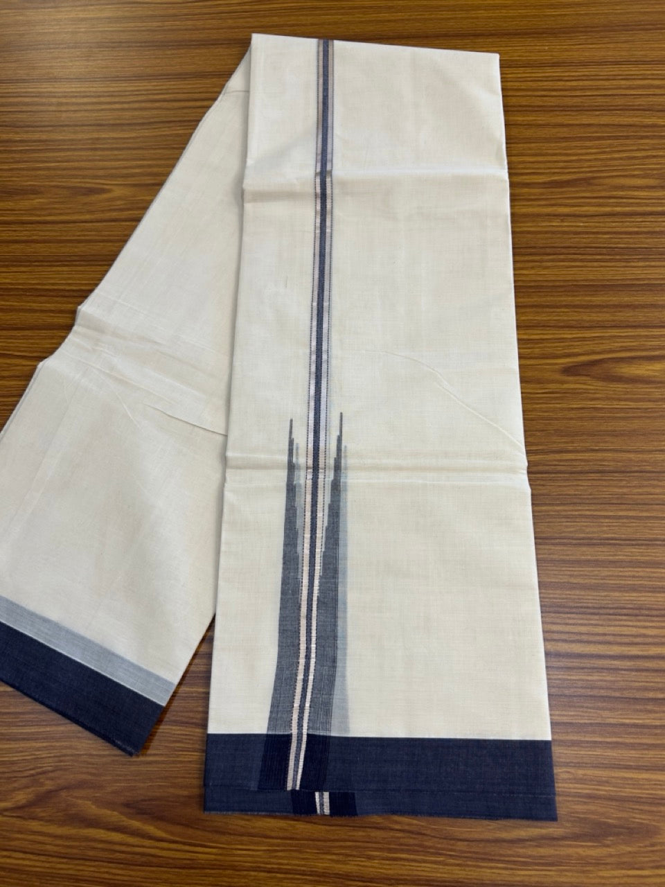 20% Discount ! KaithariKada Balaramapuram 100% Cotton Double OFF WHITE (unbleached) Mundu/Dhoti- 100x90- 1.75 inch Puliyilakkara Silver Kasavu & Navy Blue Striped Chutty Kara 4 mtr (8.5 muzham) - 56 KK5251 PMC