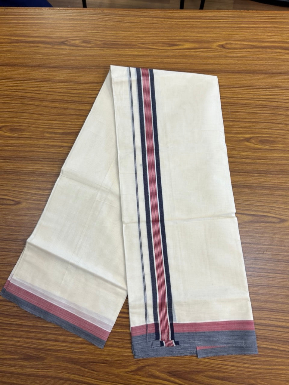 20% Discount! KaithariKada Balaramapuram 100% Cotton Double OFF WHITE (unbleached) Mundu/Dhoti- 100x80- 1.5 inch Silver Kasavu Navy Blue & Maroon striped Kara 4 mtr (8.5 muzham) - 73 KK5251 PMC