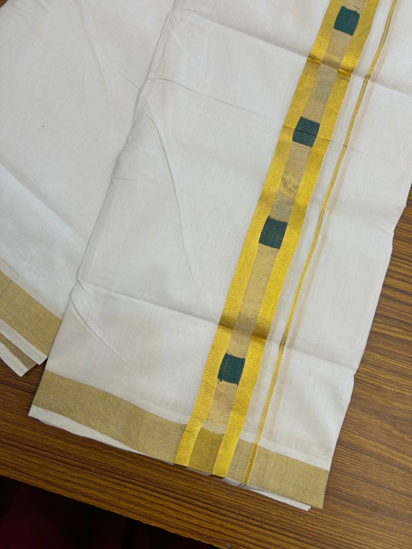 25% Discount ! KaithariKada Handloom Unakkupaav Kerala Handloom - 100% Pure Cotton Pure White Double Mundu/Dhoti - 1.75 inch Gold Kasav & Green Design Kara - 10 KK5352 ABH
