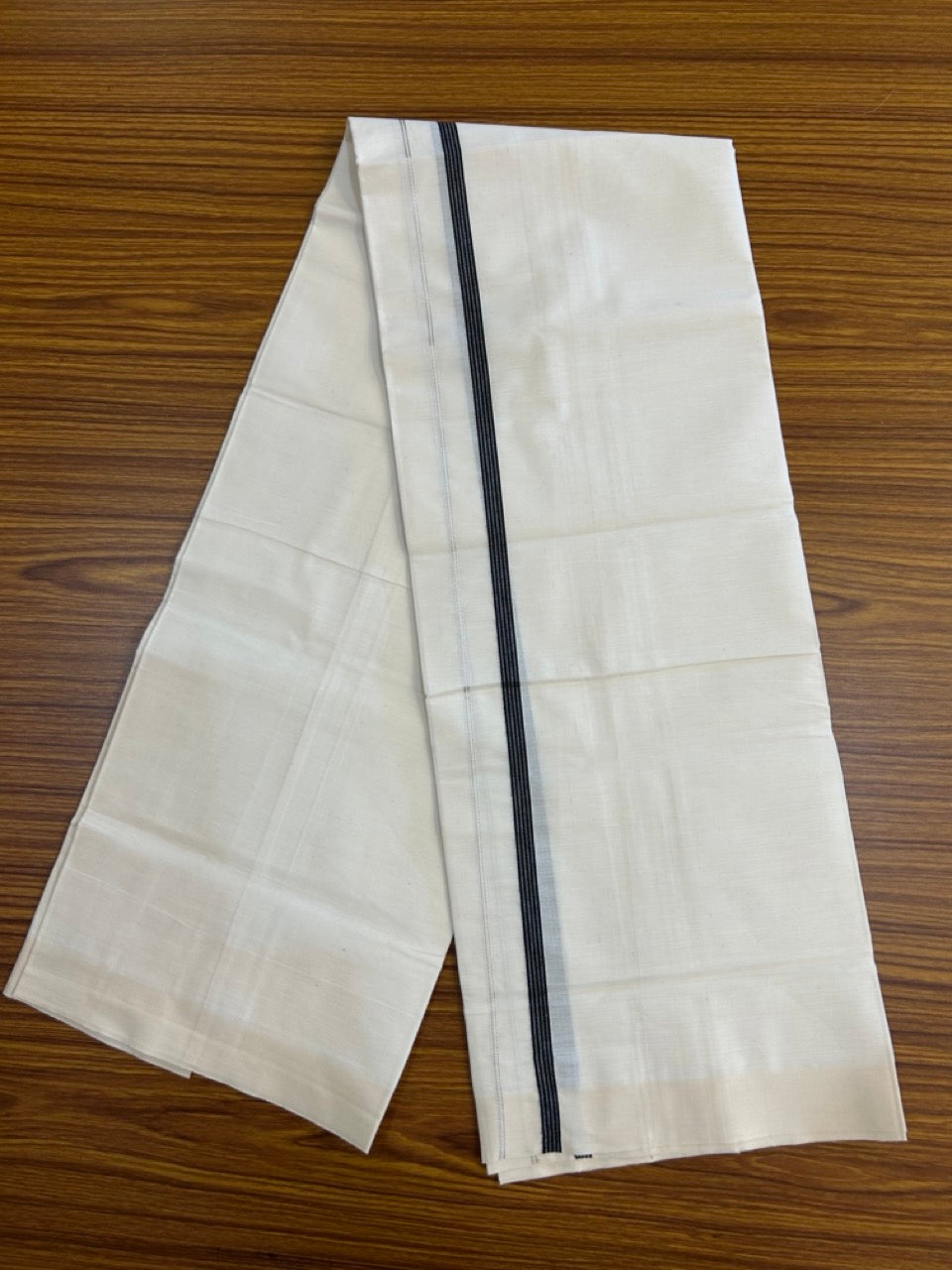 3% Discount!! KaithariKada Balaramapuram 100% Cotton Single Off White - (Unbleached) Mundu/Dhoti - 80x60 - 0.5 inch Silver Kasavu & Black Striped Kara (2 meter / 4 muzham) - 78 KK5251 PMC