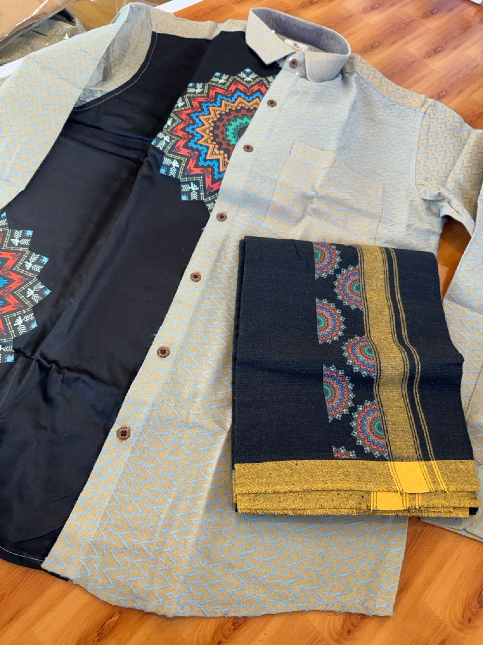 Combo Shirt Single Lungi - SIZE : L / 40 Full Sleeve - Mixed cotton - Black & Brown Blue Pattern Shirt with 3 inch Yellow Kara & Printed Lungi - 9 KK7053 KUT