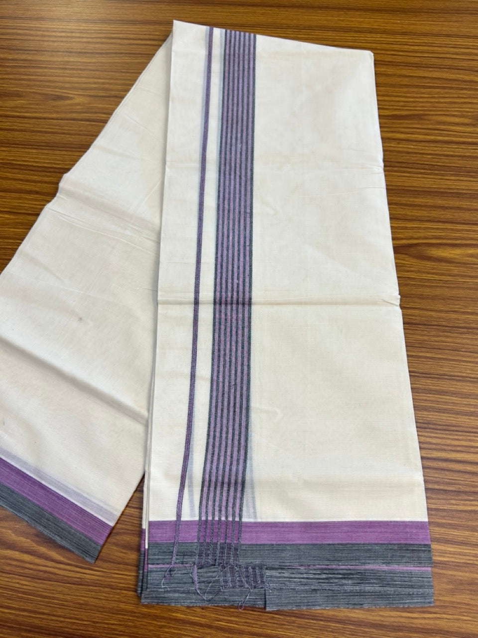 20% Discount! KaithariKada Balaramapuram 100% Cotton Double Off White (unbleached) Mundu/Dhoti- 100x80 - 1.5 inch Purple & Black shaded striped Kara 4 mtr (8.5 muzham) - 77 KK5251 PMC