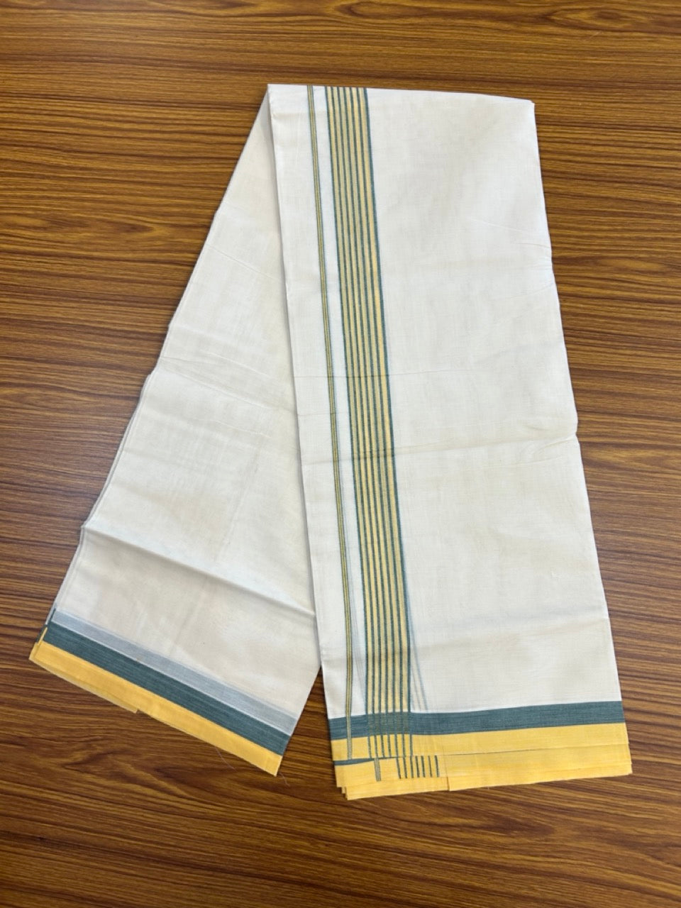 20% Discount! KaithariKada Balaramapuram 100% Cotton Double Off White (unbleached) Mundu/Dhoti- 100x80 - 1.5 inch Yellow & Green shaded striped Kara 4 mtr (8.5 muzham) - 76 KK5251 PMC