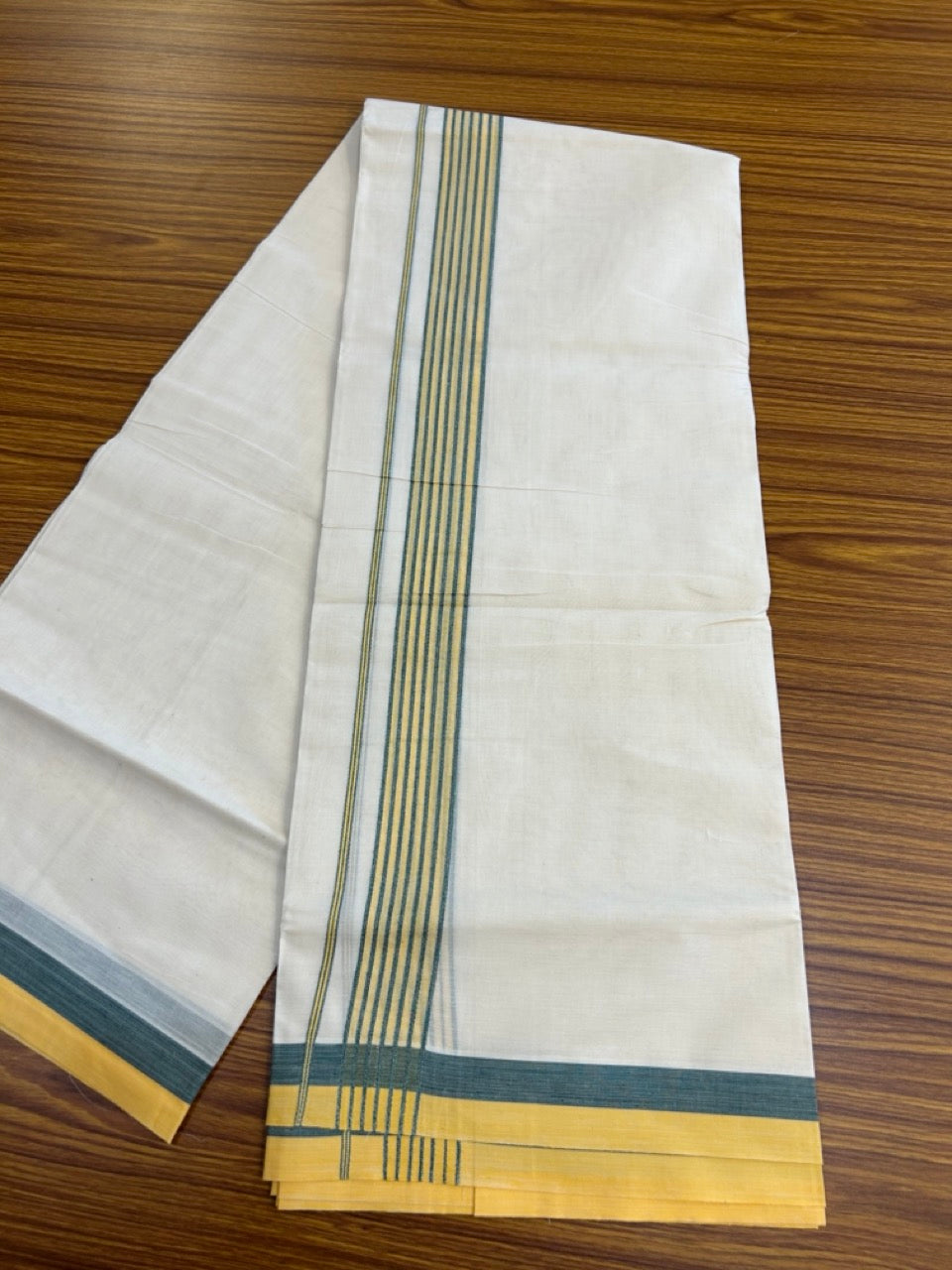 20% Discount! KaithariKada Balaramapuram 100% Cotton Double Off White (unbleached) Mundu/Dhoti- 100x80 - 1.5 inch Yellow & Green shaded striped Kara 4 mtr (8.5 muzham) - 76 KK5251 PMC