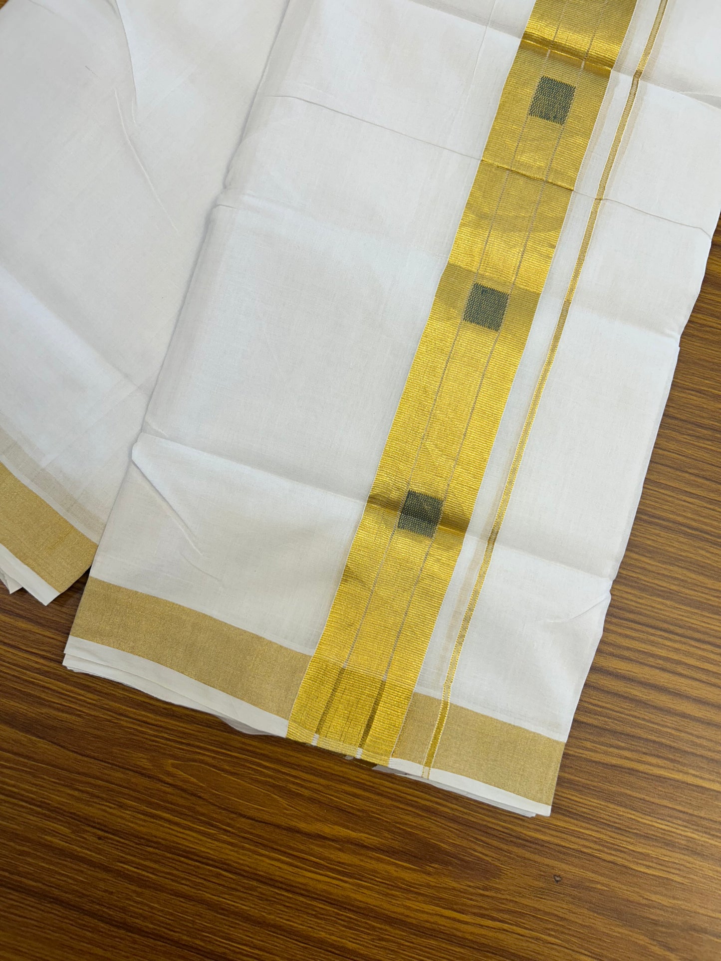 25% Discount ! KaithariKada Handloom Unakkupaav Kerala Handloom - 100% Pure Cotton Pure White Double Mundu/Dhoti - 2 inch Gold Kasav & Green Design Kara - 12 KK5352 ABH