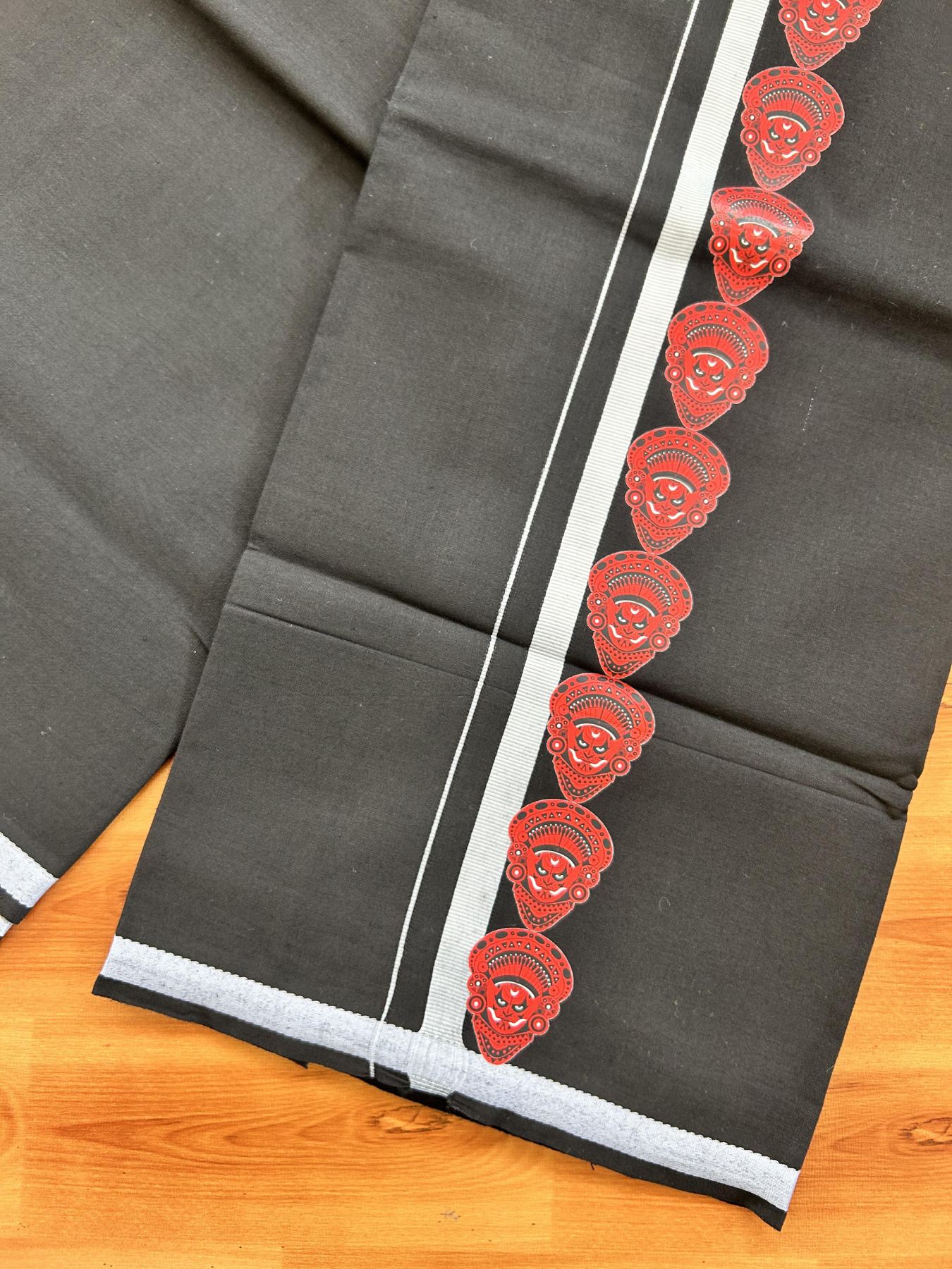 Single Kaily / Lungi- 20% Discount !! Kaitharikada - Pure Cotton - (40s) - 0.5 inch Light Grey Theyyam Printed Design Kara with Black colour Body (2 meter / 4 muzham) - 7 KK8062 GAN
