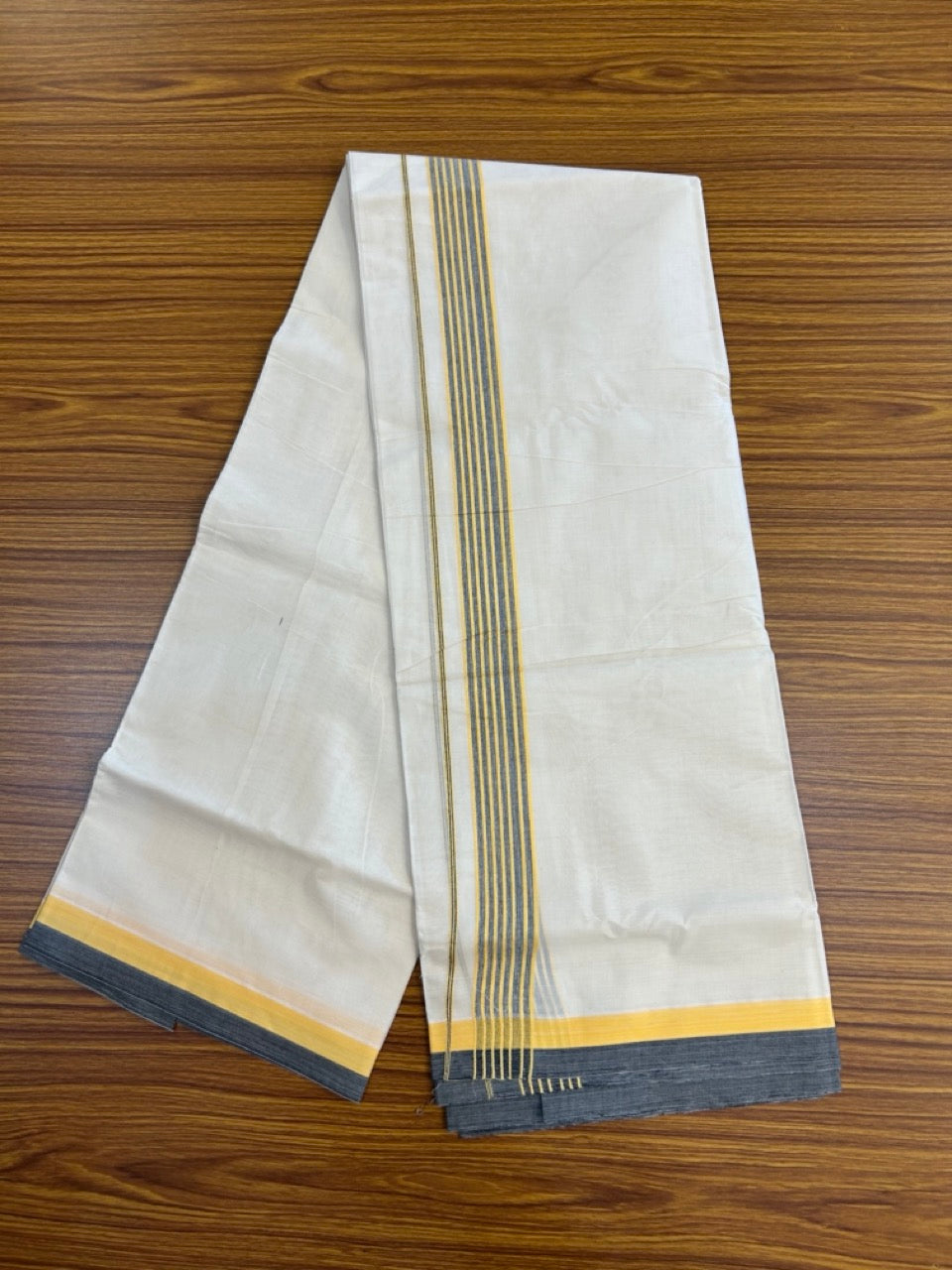 20% Discount! KaithariKada Balaramapuram 100% Cotton Double Off White (unbleached) Mundu/Dhoti- 100x80 - 1.5 inch Yellow & Black shaded striped Kara 4 mtr (8.5 muzham) - 75 KK5251 PMC
