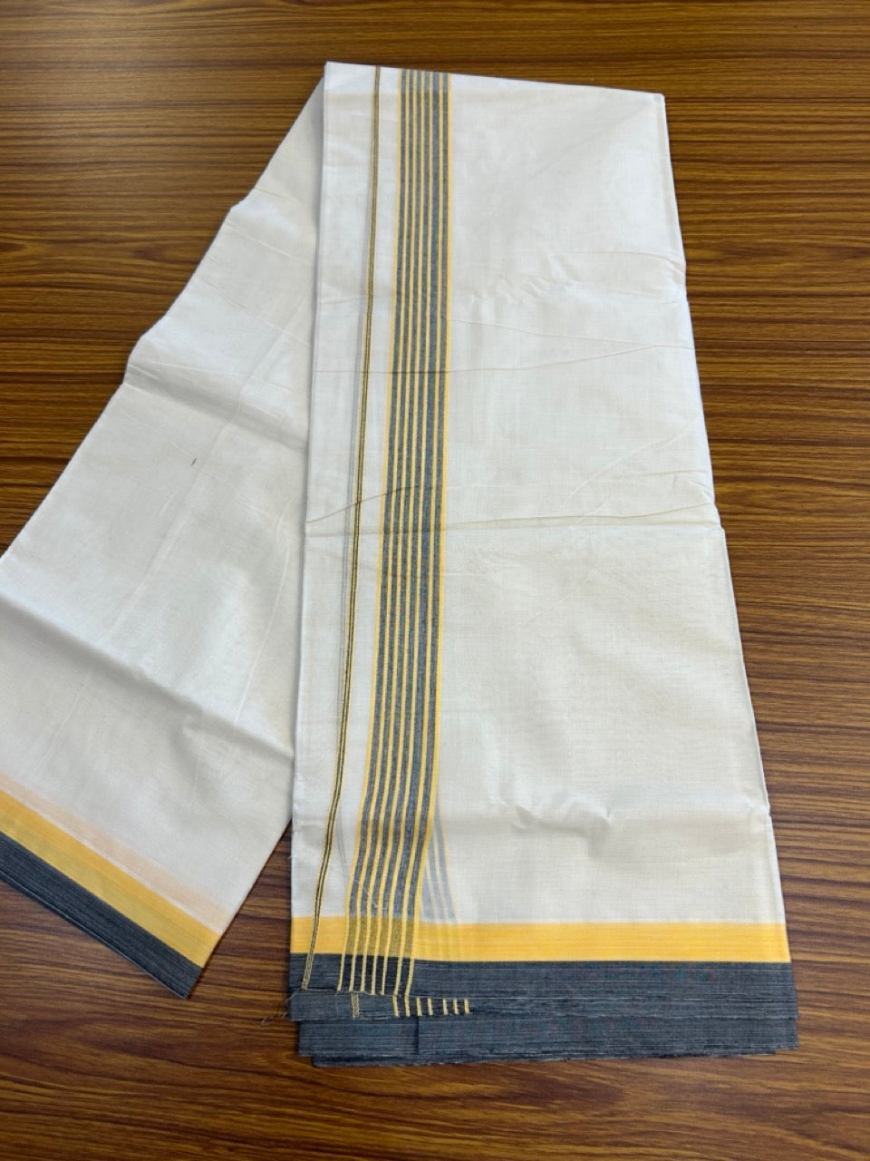 20% Discount! KaithariKada Balaramapuram 100% Cotton Double Off White (unbleached) Mundu/Dhoti- 100x80 - 1.5 inch Yellow & Black shaded striped Kara 4 mtr (8.5 muzham) - 75 KK5251 PMC