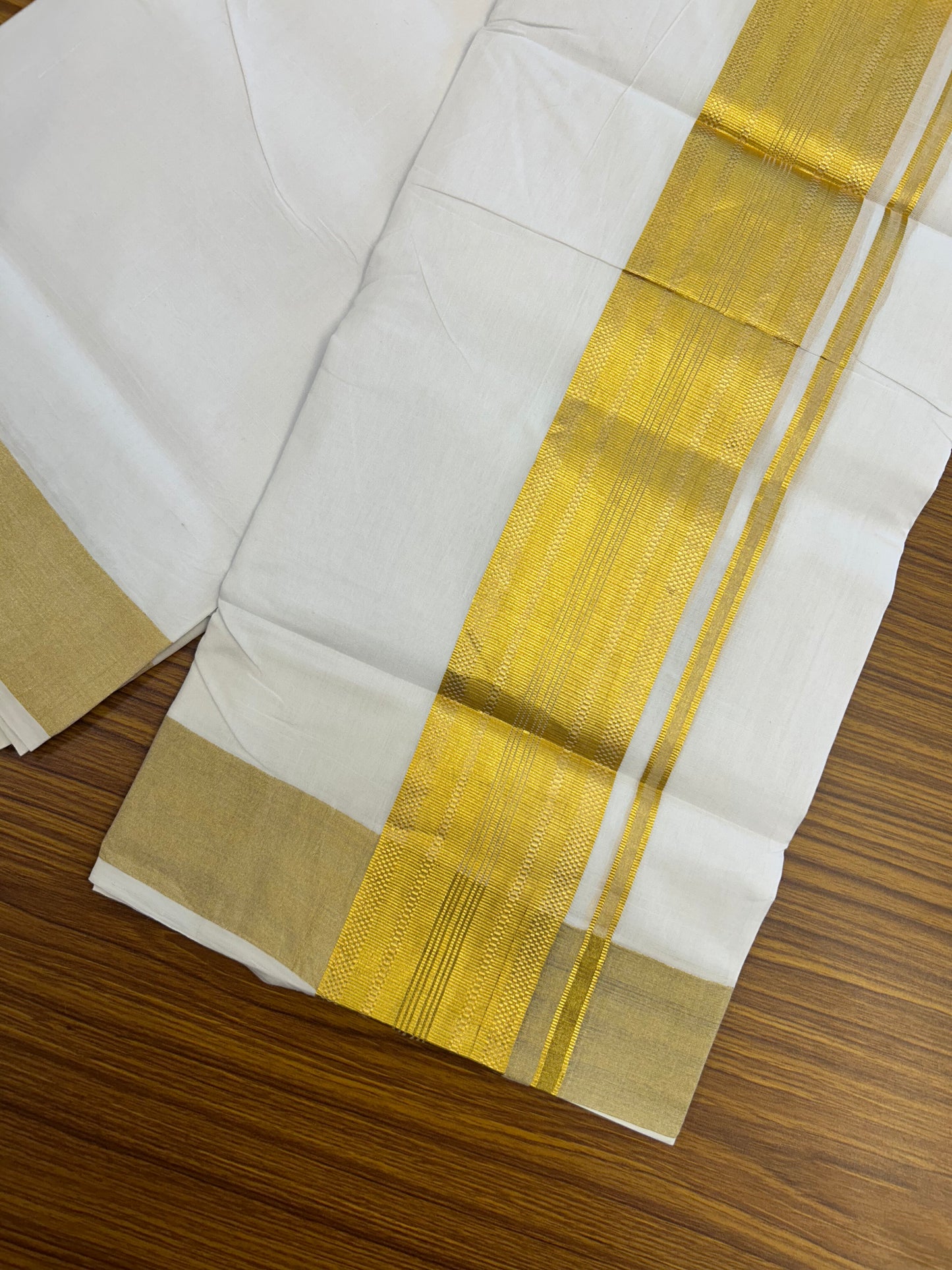 25% Discount ! KaithariKada Handloom Unakkupaav Kerala Handloom - 100% Pure Cotton Pure White Double Mundu/Dhoti - 3 inch Gold Kasav Striped Design Kara - 14 KK5352 ABH