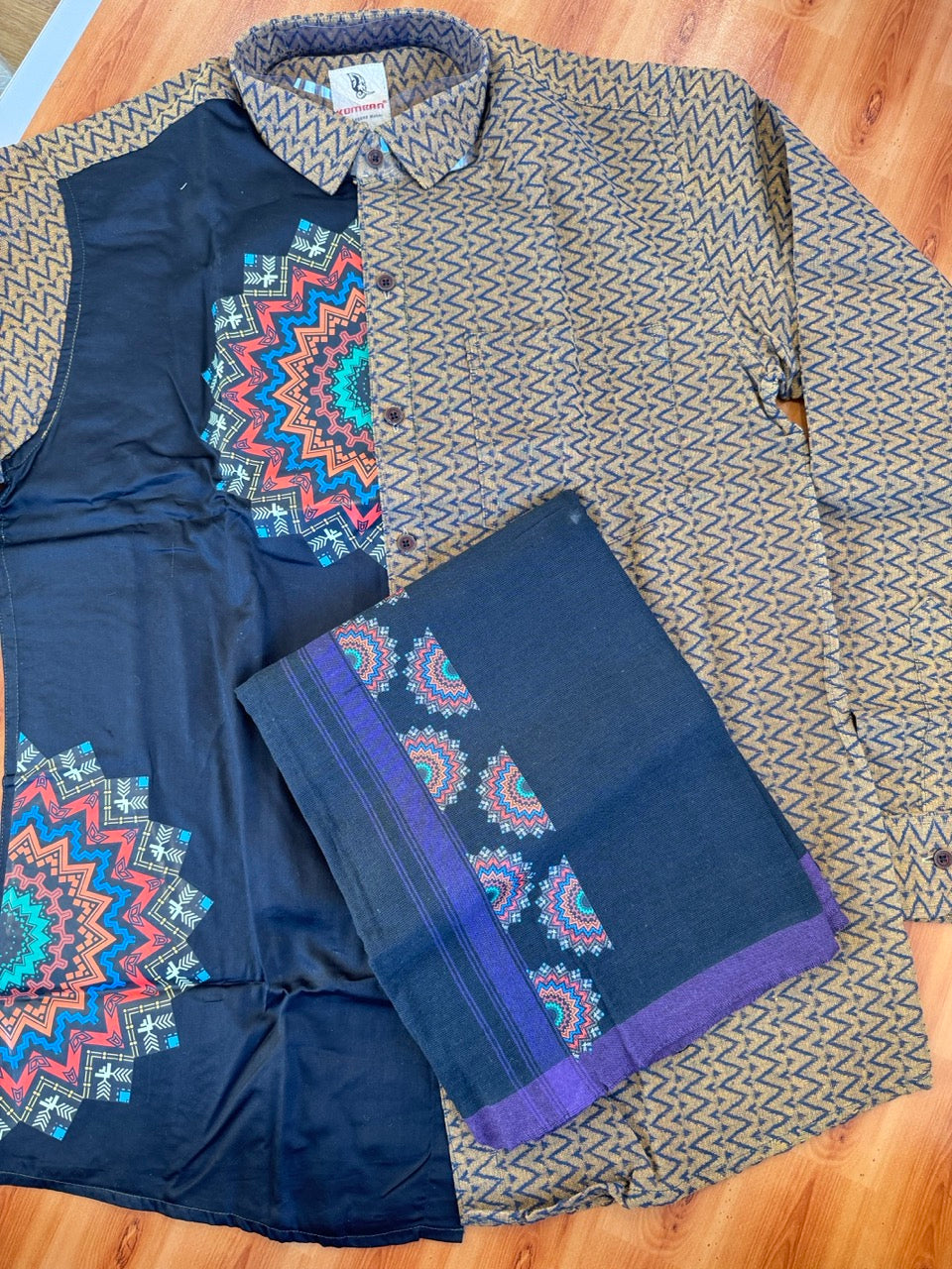 Combo Shirt Single Lungi - SIZE : L / 40 Full Sleeve - Mixed cotton - Black & Brown Black Pattern Shirt with 3 inch Violet Kara & Printed Lungi - 14 KK7053 KUT