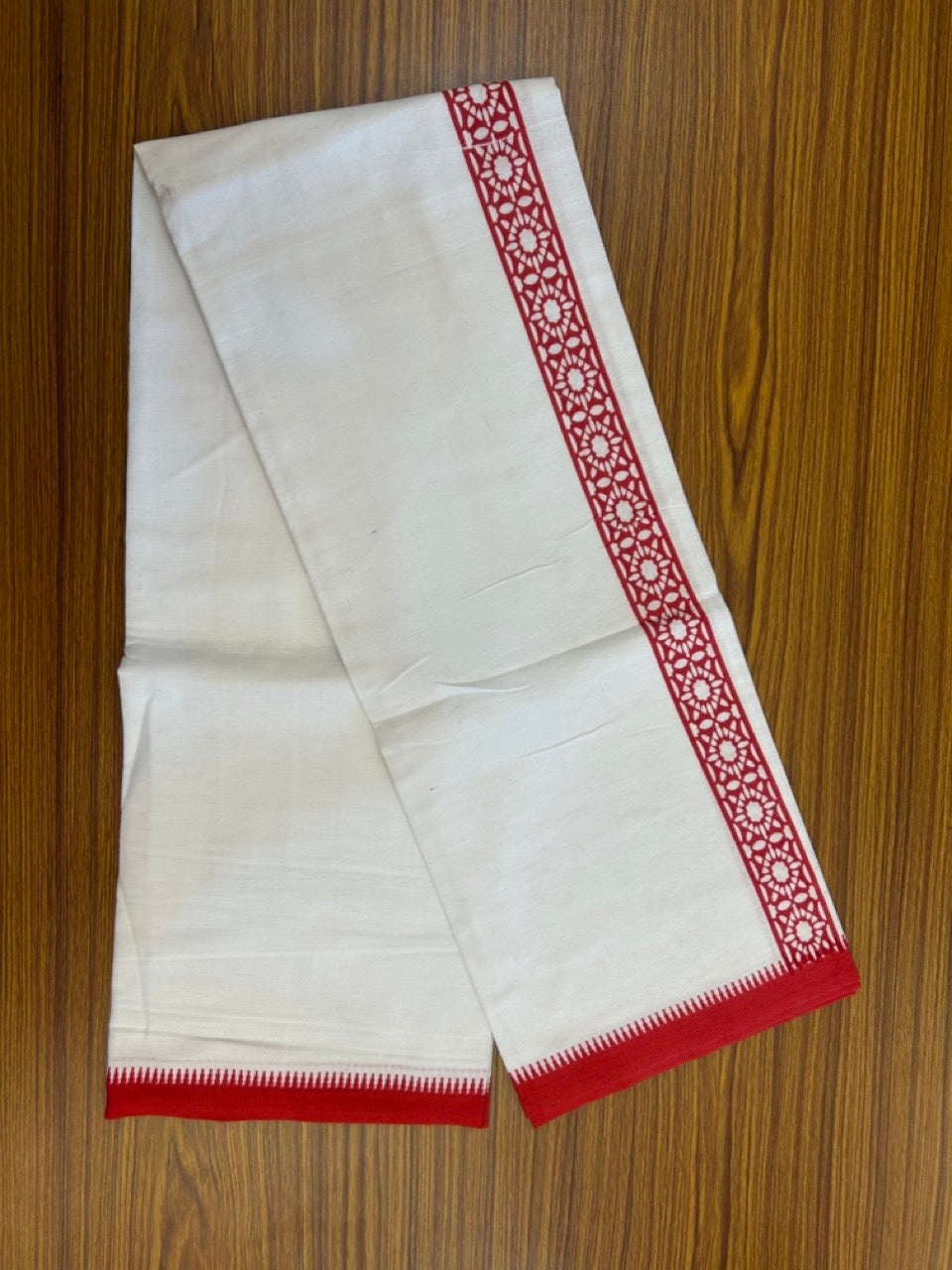 Kaitharikada - Polyster + Cotton - 20s twisted - Pure white Single Kaily / Lungi - 1.5 inch Red Printed Kuppadam Border with White colour body (2 meter / 4 muzham) - 6 KK8035 GAN