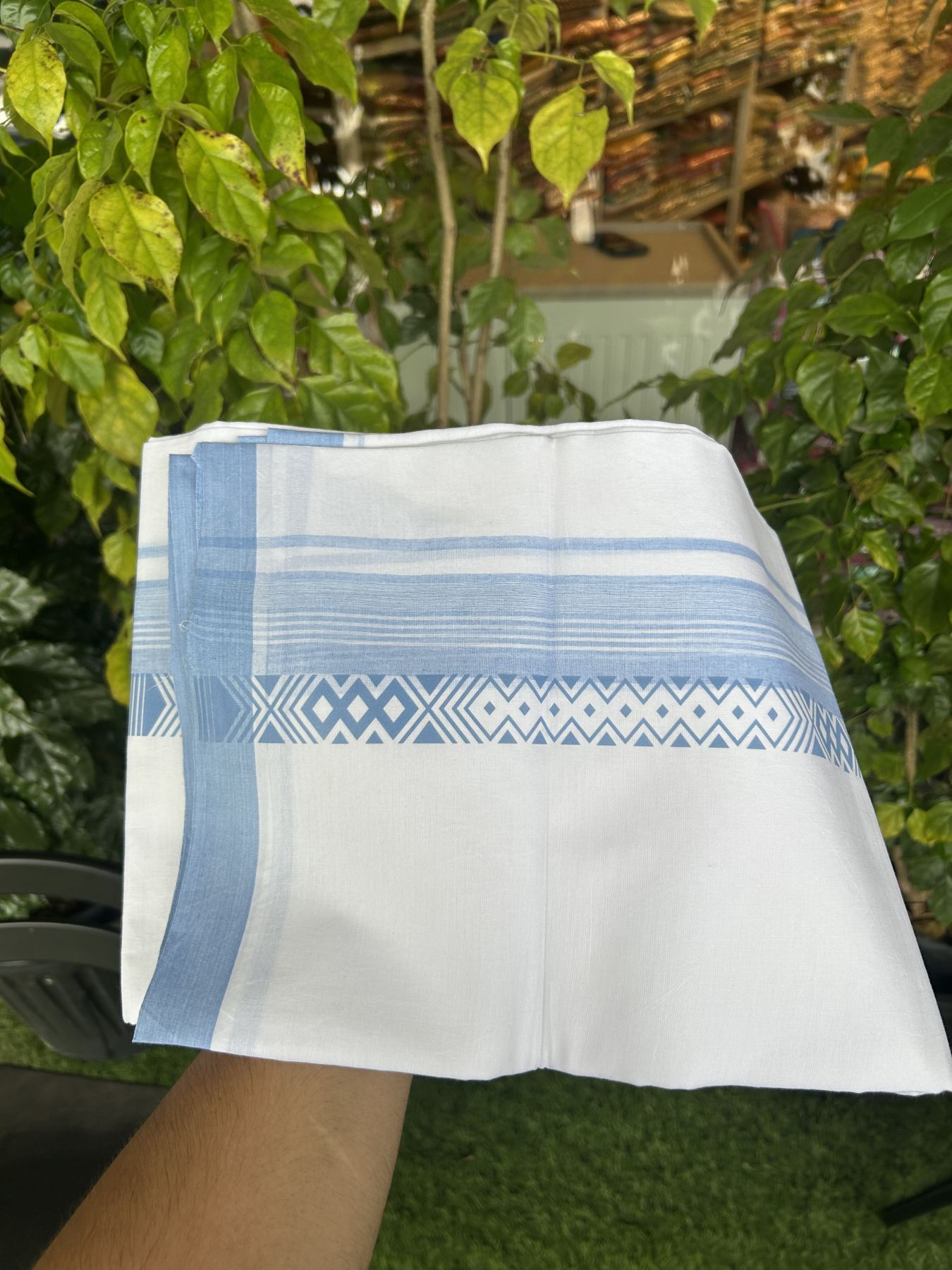 20% Discount ! KaithariKada Balaramapuram Cotton Double Pure white Mundu/Dhoti- 60s - 2.5 inch Light Blue Printed Shaded Stripes Design Kara - 3.65 mtr (8 muzham) - 8 KK5318 GAN