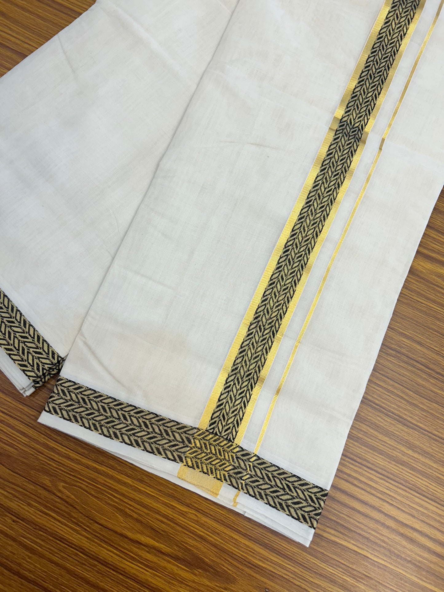 25% Discount ! KaithariKada Handloom Unakkupaav Kerala Handloom - 100% Pure Cotton Off White (Unbleached) Double Mundu/Dhoti - 100x80 - 1.5 Inch Gold kasav & Black Jaquard Design Kara 4 mtr (8.5 muzham) - 22 KK5352 ABH