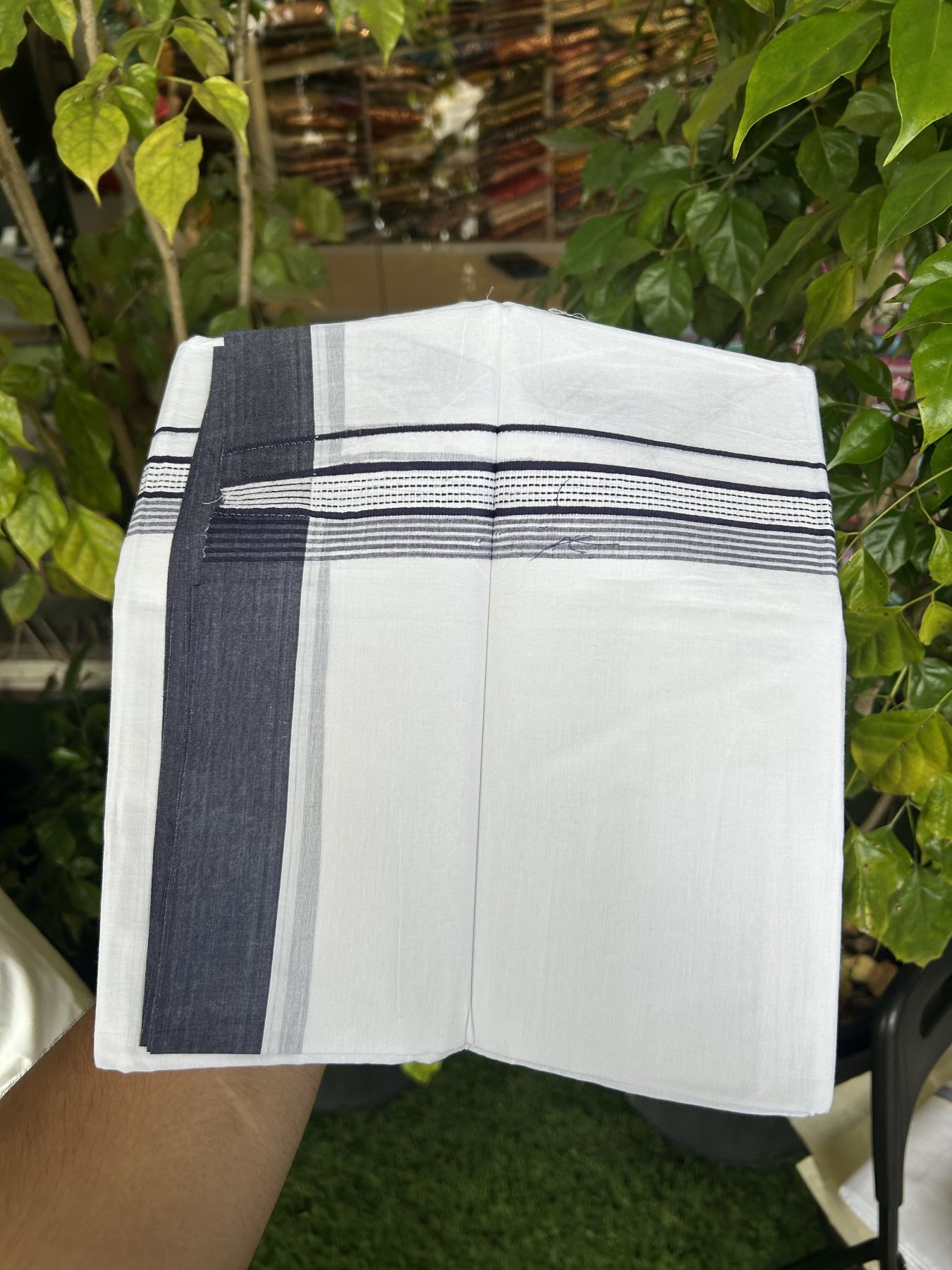 20% Discount!! KaithariKada Balaramapuram 100% Cotton Double Pure White Mundu/Dhoti - 100x100 - 1.25 inch Navy Blue Striped Kara 3.96 mtr (8 muzham) - 2 KK5318 GAN