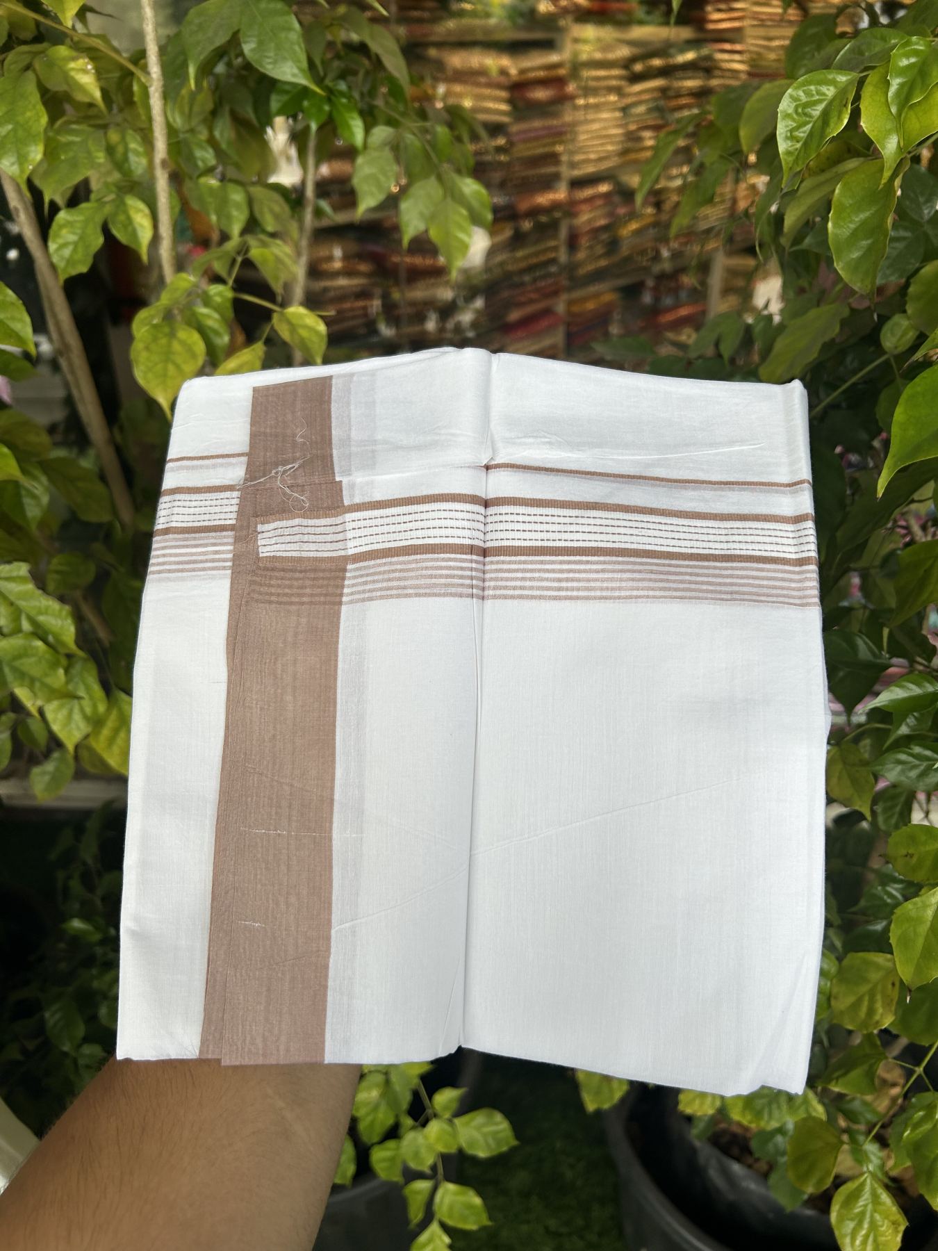 20% Discount!! KaithariKada Balaramapuram 100% Cotton Double Pure White Mundu/Dhoti - 100x100 - 1.25 inch Dusty Peach Striped Kara 3.96 mtr (8 muzham) - 22 KK5318 GAN
