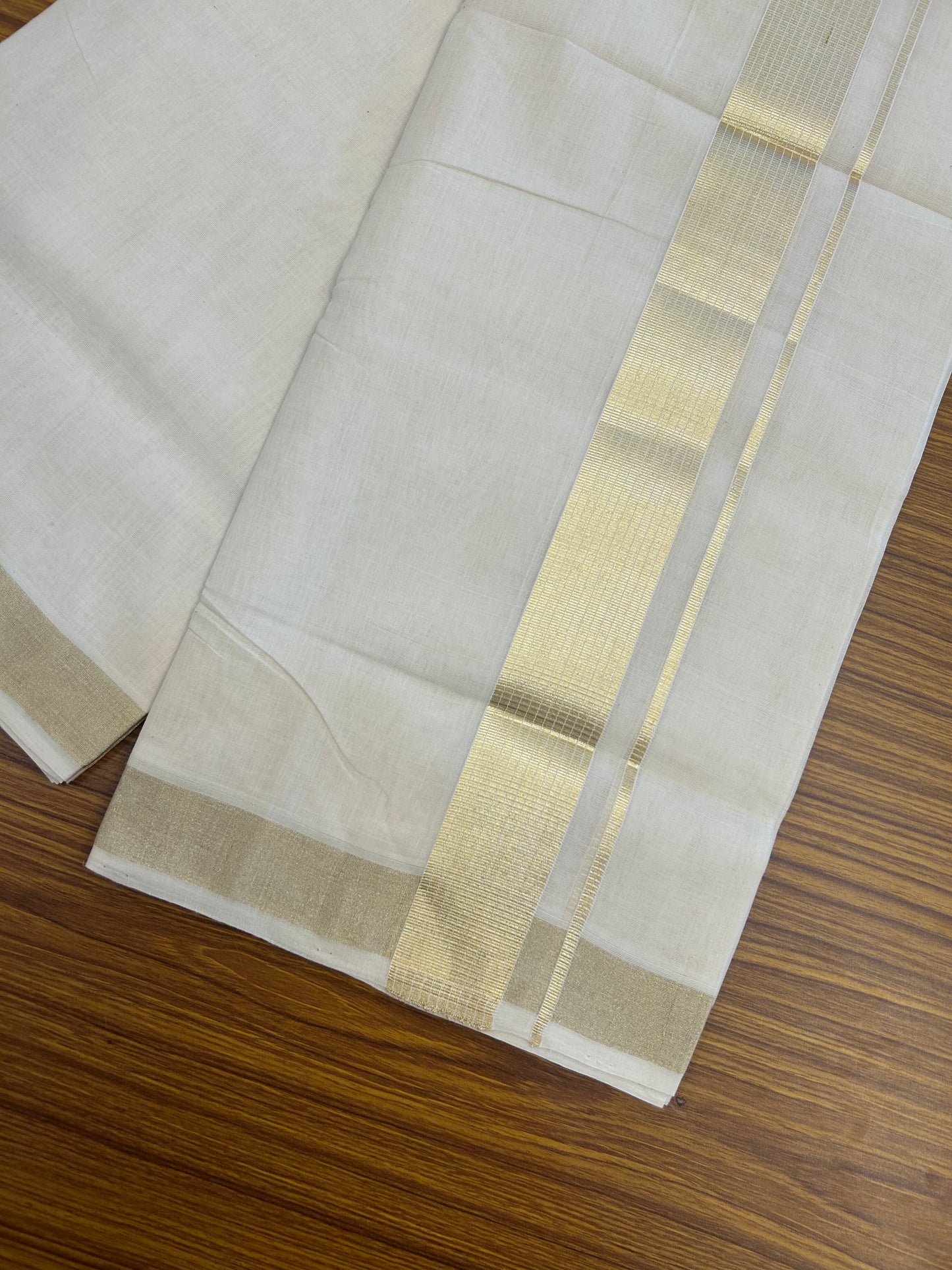 25% Discount ! KaithariKada Handloom Unakkupaav Kerala Handloom - 100% Pure Cotton Off White (Unbleached) Double Mundu/Dhoti - 100x80 - 1.75 Inch Light Gold Stripes Kara 4 mtr (8.5 muzham)- 20 KK5352 ABH