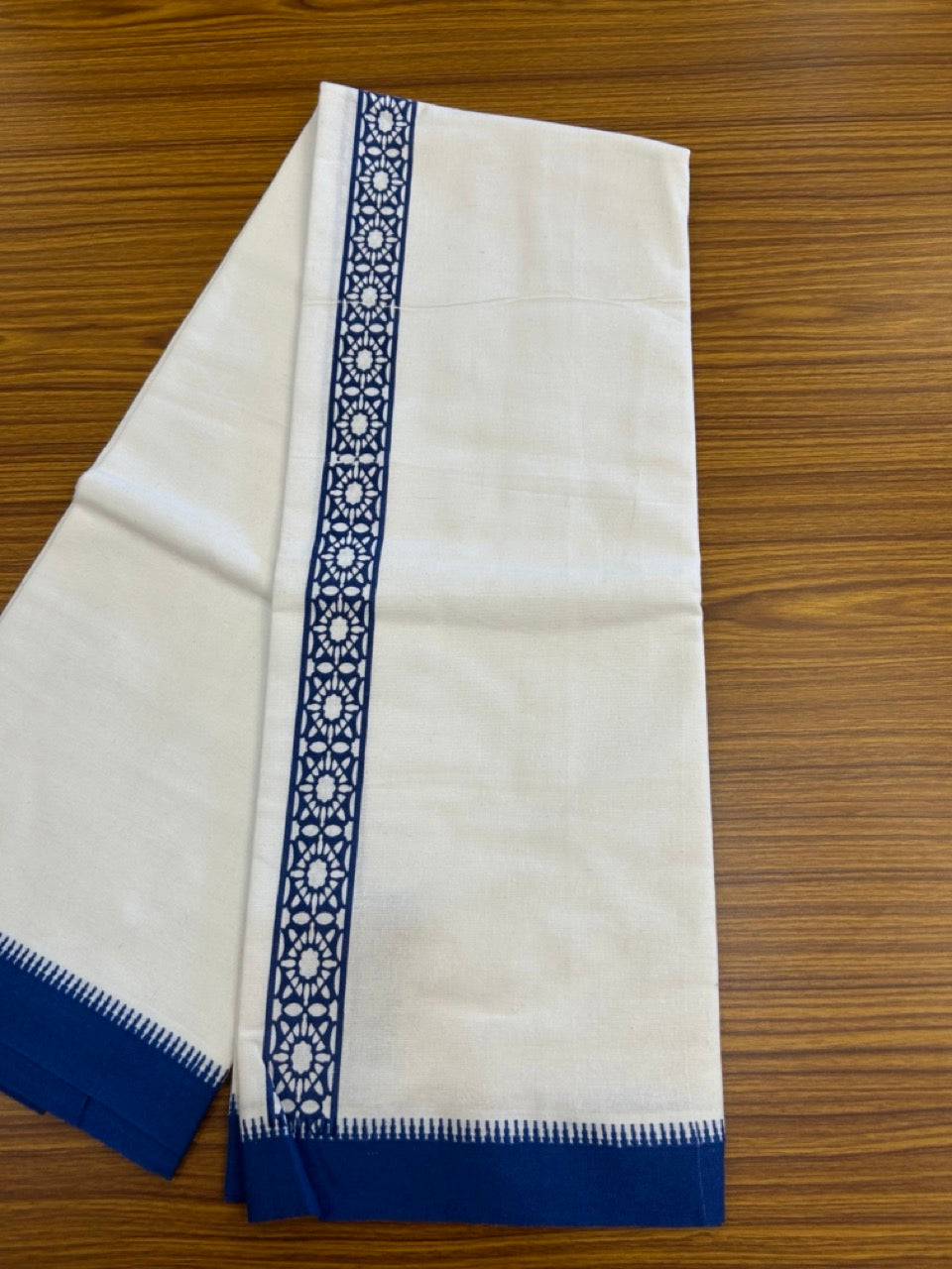Kaitharikada - Polyster + Cotton - 20s twisted - Pure white Single Kaily / Lungi - 1.5 inch Blue Printed Kuppadam Border with White colour body (2 meter / 4 muzham) - 1 KK8035 GAN