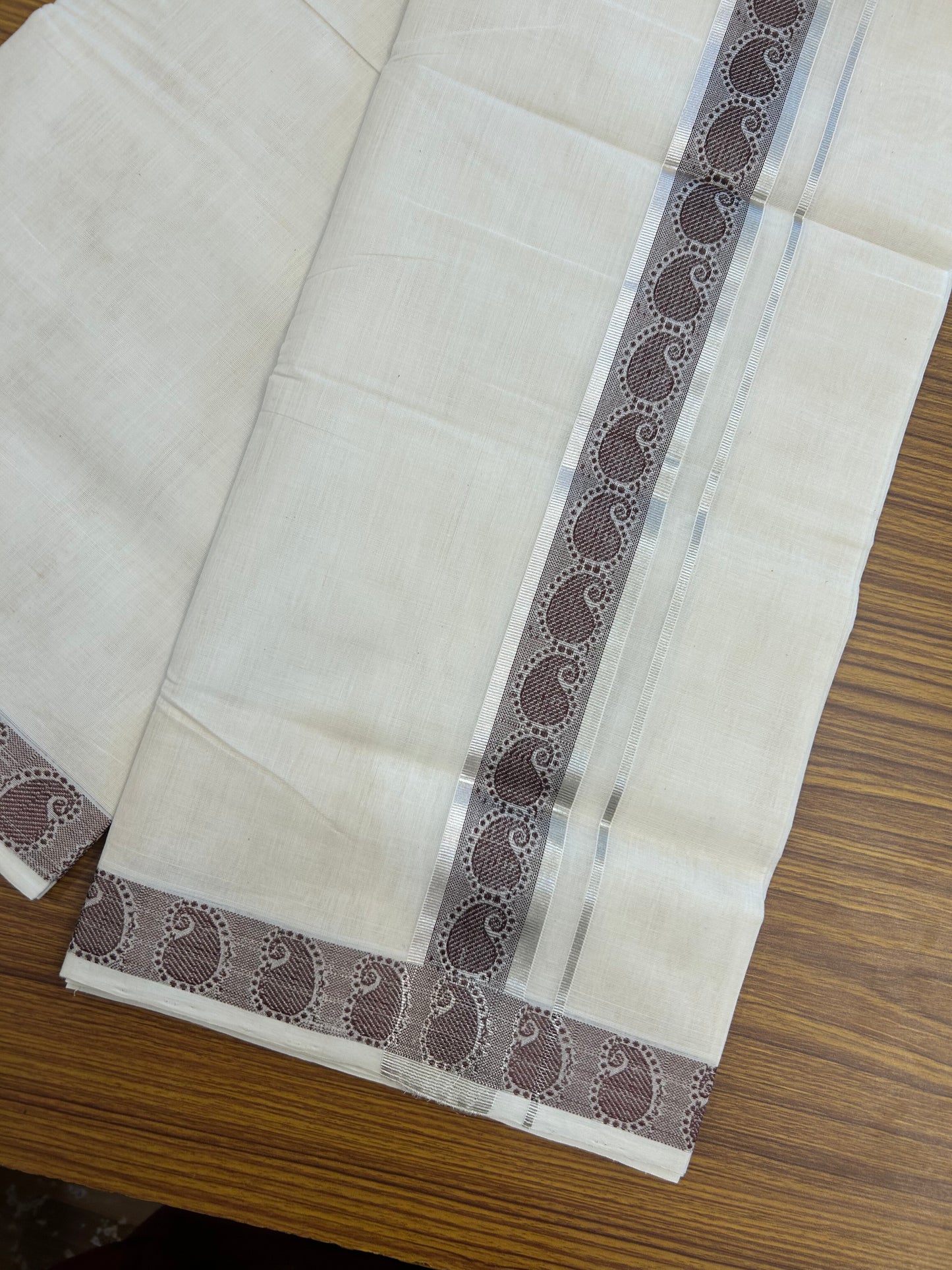25% Discount ! KaithariKada Handloom Unakkupaav Kerala Handloom - 100% Pure Cotton Off White (Unbleached) Double Mundu/Dhoti - 100x80 - 1.75 Inch Silver kasav & Coffee Brown Jaquard Design Kara 4 mtr (8.5 muzham) - 23 KK5352 ABH