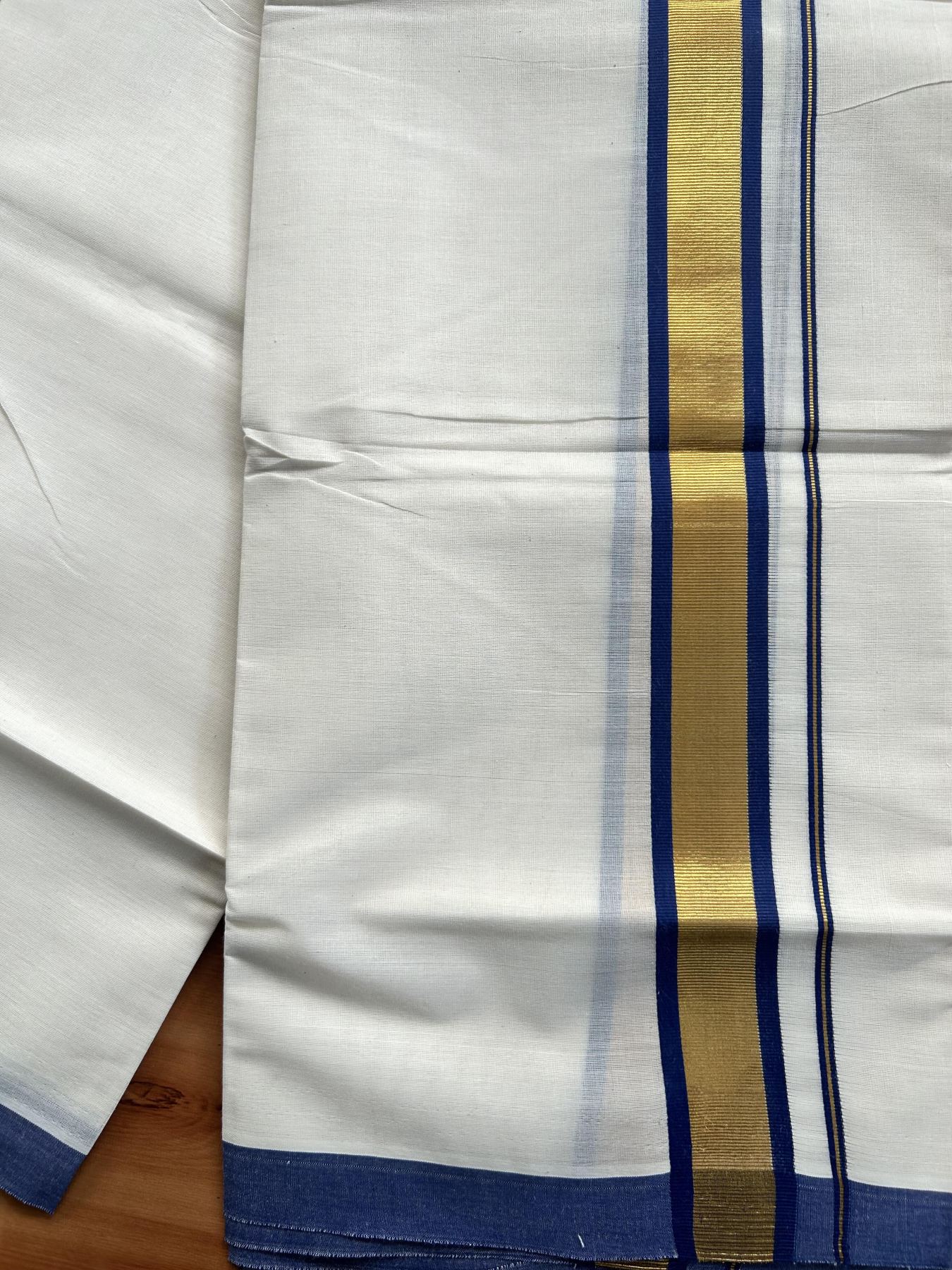 Double Off White - (Unbleached) Mundu/Dhoti - 20% Discount! KaithariKada Balaramapuram Pure Cotton - 80s - 1.25 inch Gold Kasav & Blue Kara - 4 mtr (8.5 Muzham) - 40 KK5416 GAN