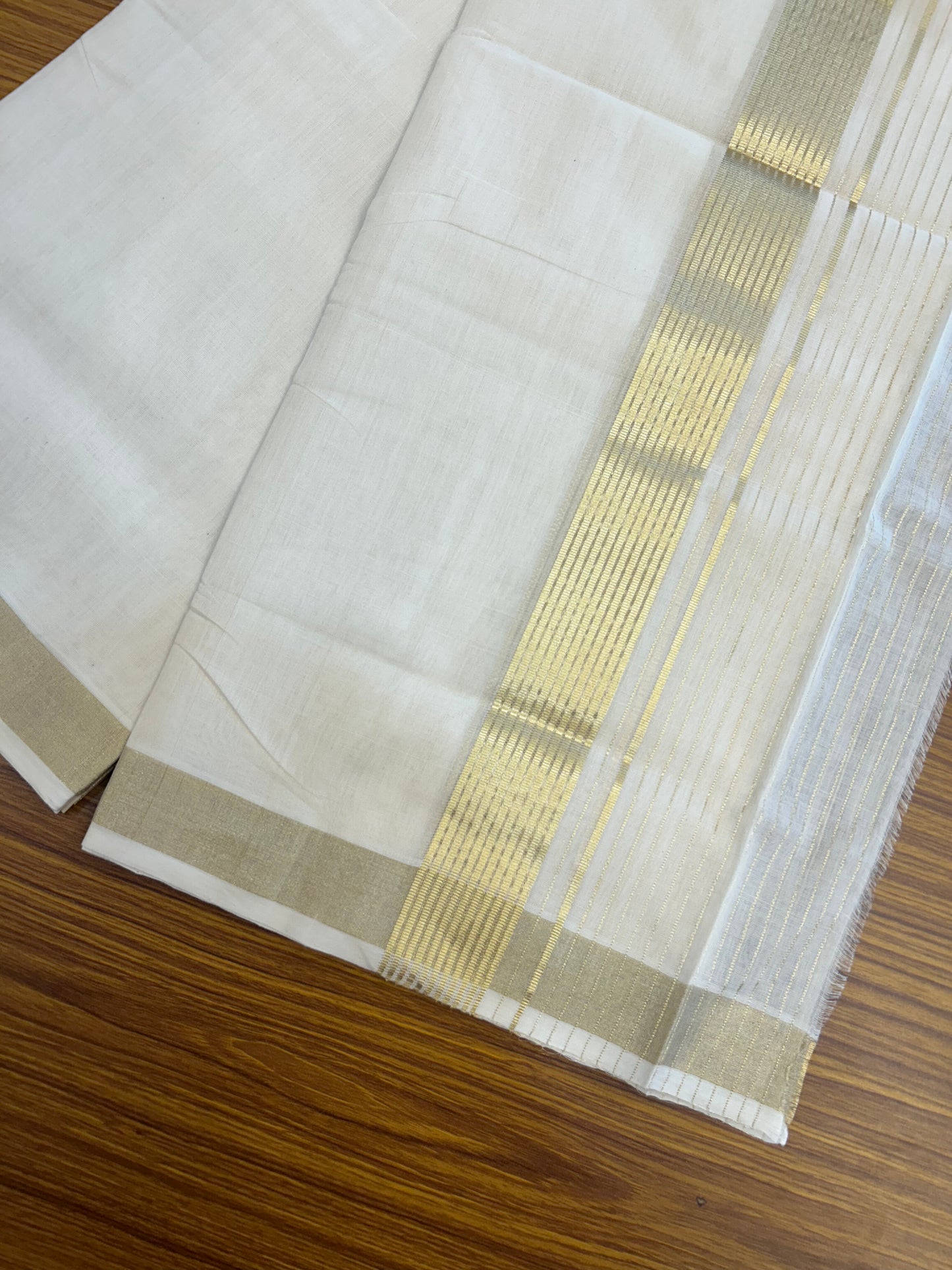 25% Discount ! KaithariKada Handloom Unakkupaav Kerala Handloom - 100% Pure Cotton Off White (Unbleached) Double Mundu/Dhoti - 100x80 - 7 Inch Light Gold kasav Side Stripes Kara 4 mtr (8.5 muzham) - 24 KK5352 ABH