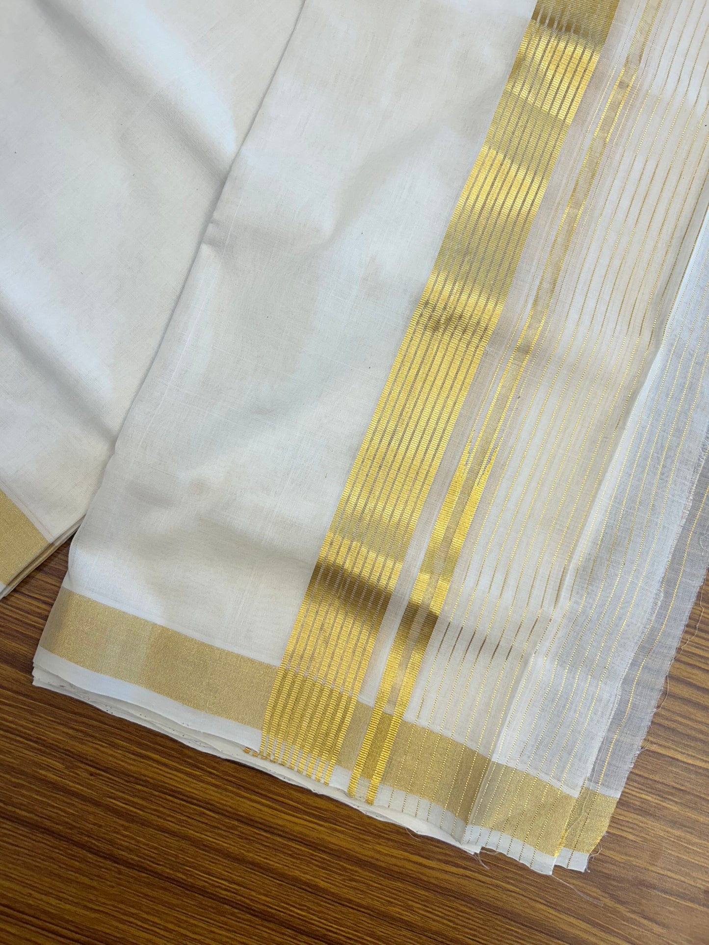 25% Discount ! KaithariKada Handloom Unakkupaav Kerala Handloom - 100% Pure Cotton Off White (Unbleached) Double Mundu/Dhoti - 100x80 - 7 Inch Gold kasav Side Stripes Chutty Kara 4 mtr (8.5 muzham) - 26 KK5352 ABH