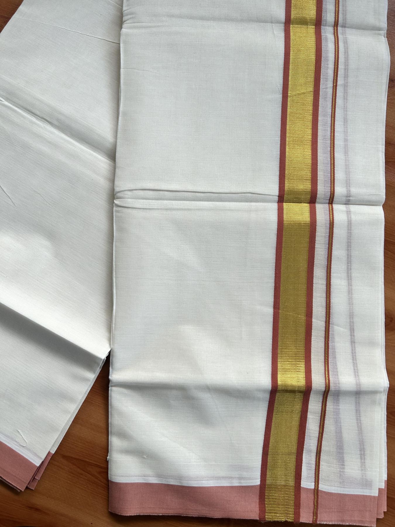 Double Off White - (Unbleached) Mundu/Dhoti - 20% Discount! KaithariKada Balaramapuram Pure Cotton - 80s - 1.25 inch Gold Kasav & Peach Brown Kara - 4 mtr (8.5 Muzham) - 32 KK5416 GAN