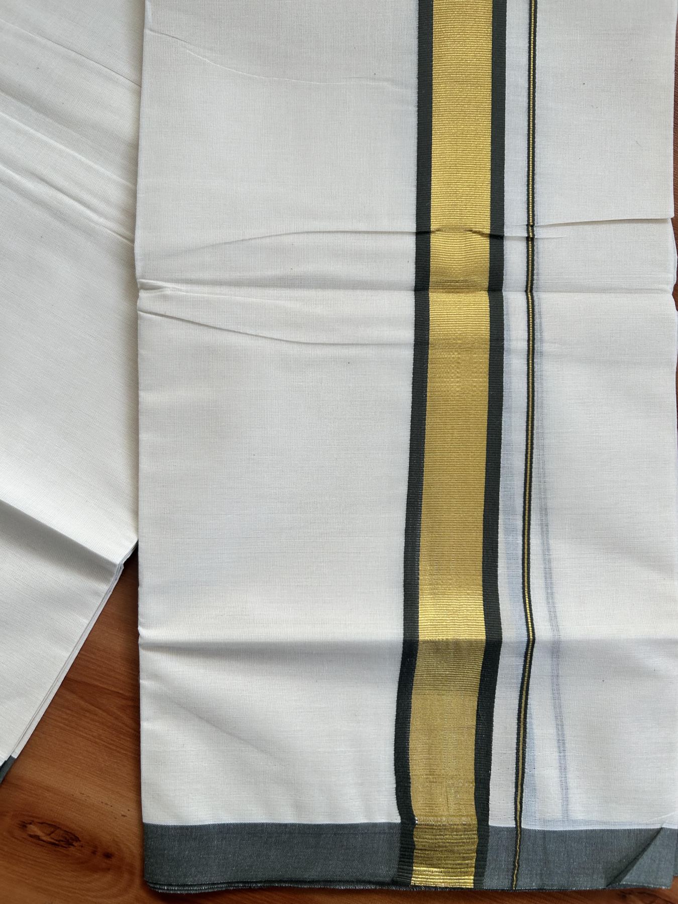 Double Off White - (Unbleached) Mundu/Dhoti - 20% Discount! KaithariKada Balaramapuram Pure Cotton - 80s - 1.25 inch Gold Kasav & Dark Sage Green Kara - 4 mtr (8.5 Muzham) - 37 KK5416 GAN